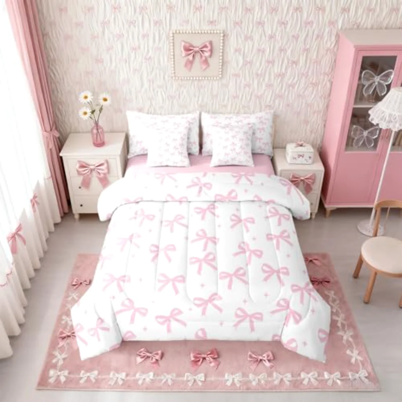 Cute Bow Pink Kawaii Bows Comforter Set, Twin