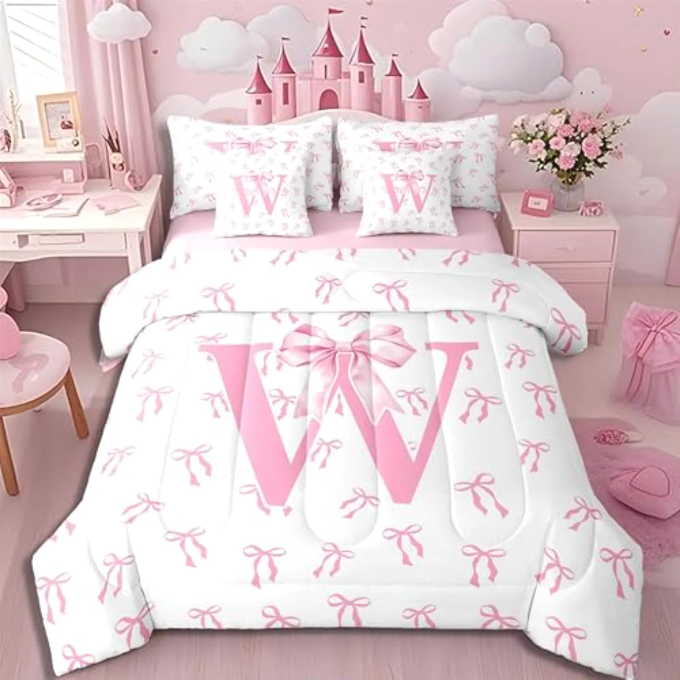 Initial Letter W Dreamy Ribbon Comforter Set, Full