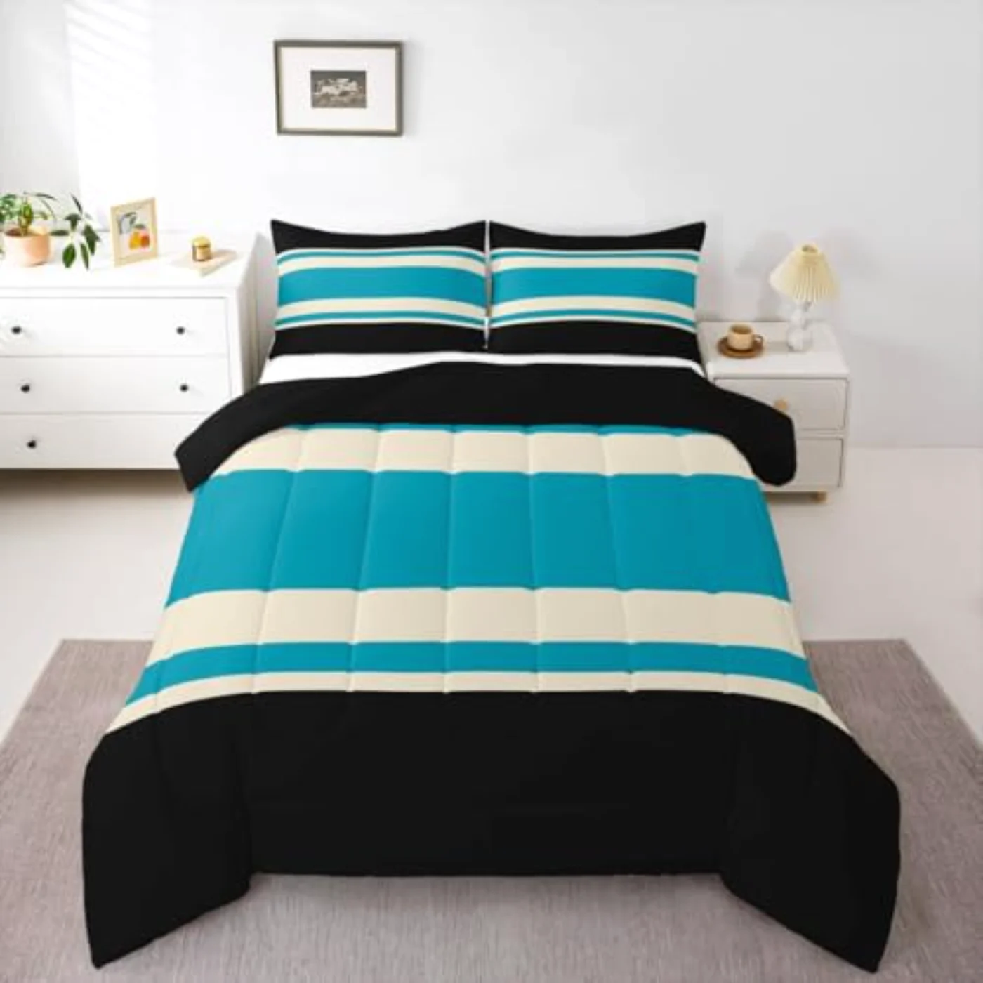 Turquoise Teal Black Patchwork Striped Comforter Set, King