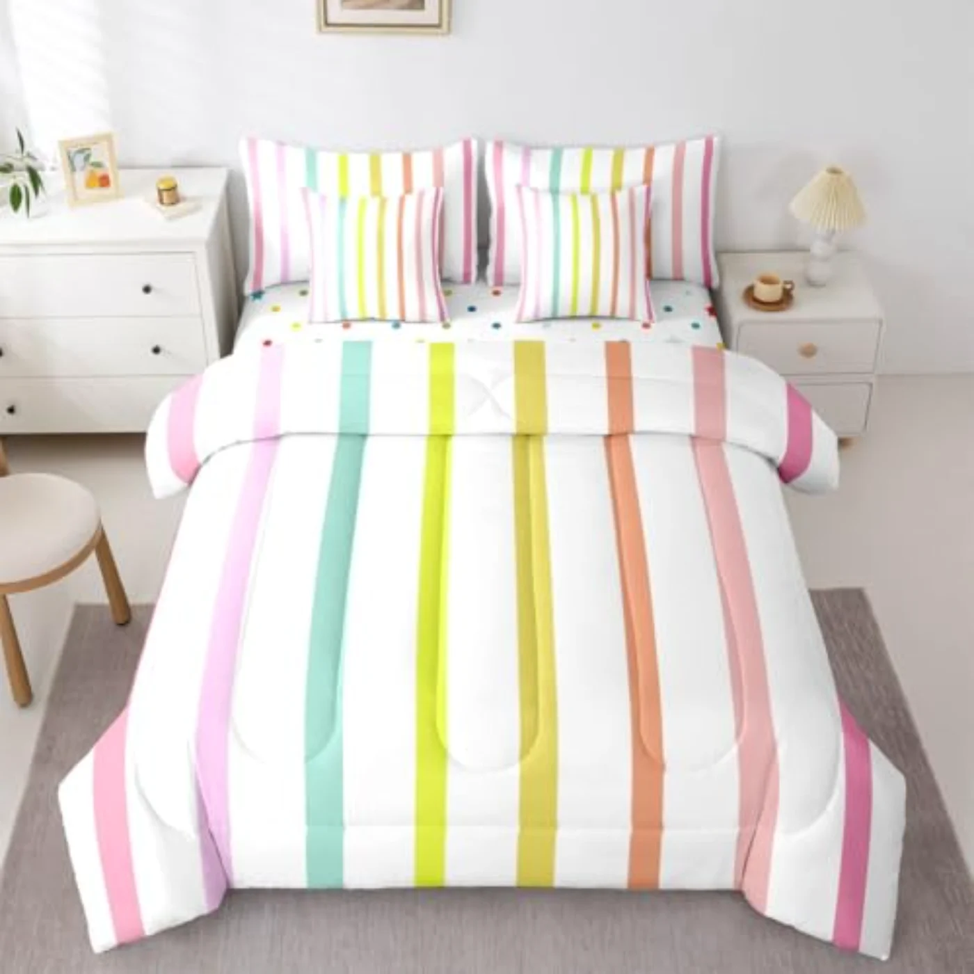 Cute Modern Stripe Kids Pastel Comforter Set, Twin