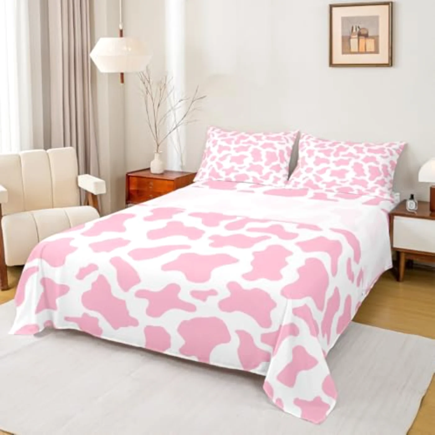 Kid Cartoon Pink Cow Print Sheet Set, Twin