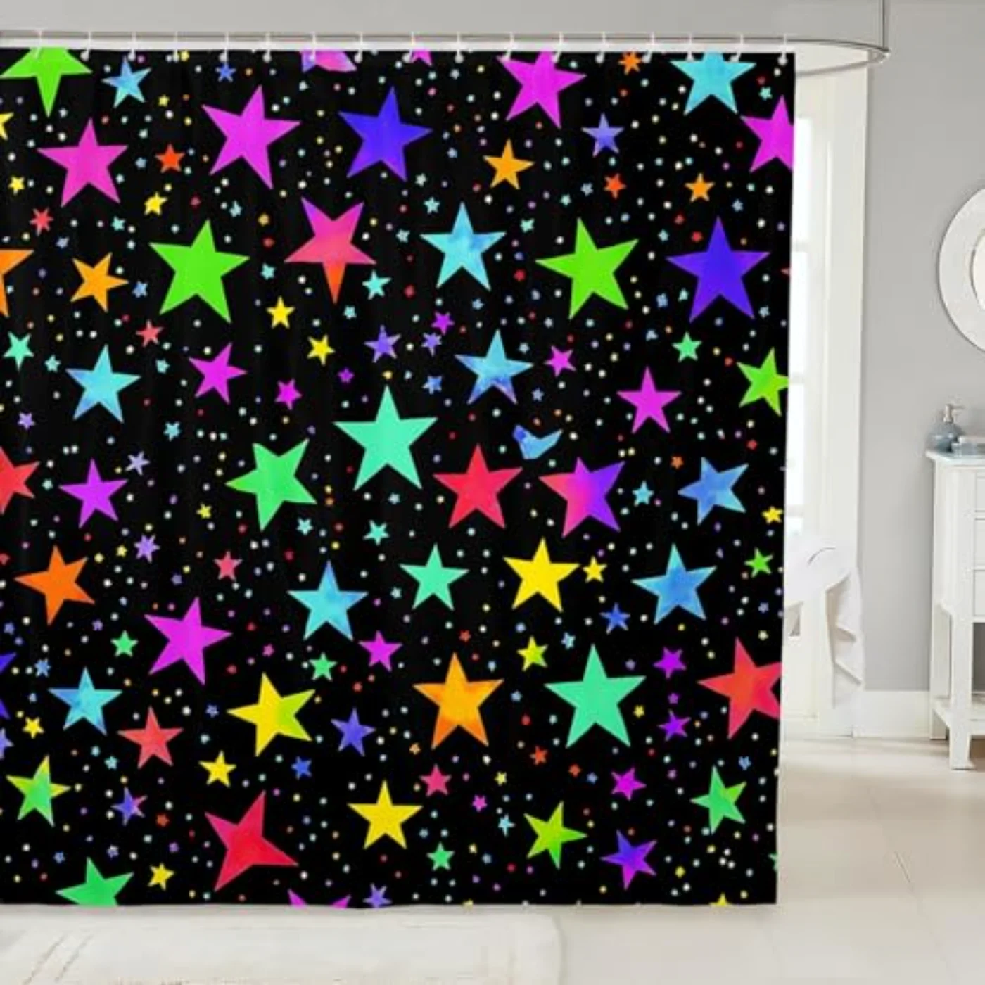 Kawaii Glitter Stars Rainbow Glowing Shower Curtain