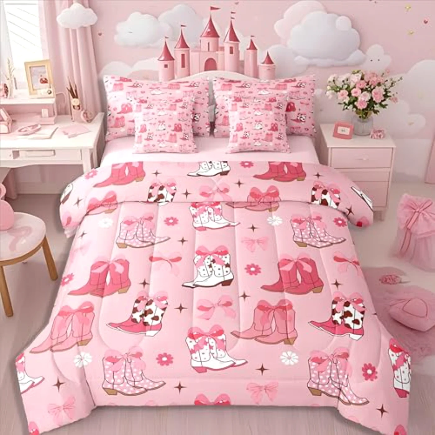 Western Bow Sheets Cowgirl Pink Comforter Set, Full