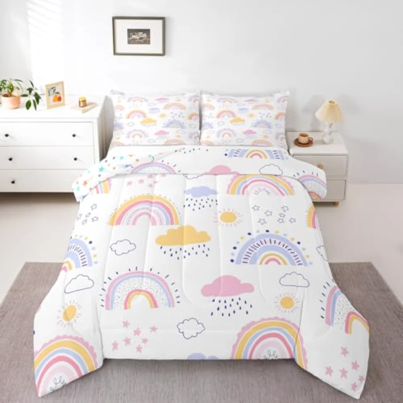 Cute Rainbow Kawaii Cloud Rainbow Quilt, Twin
