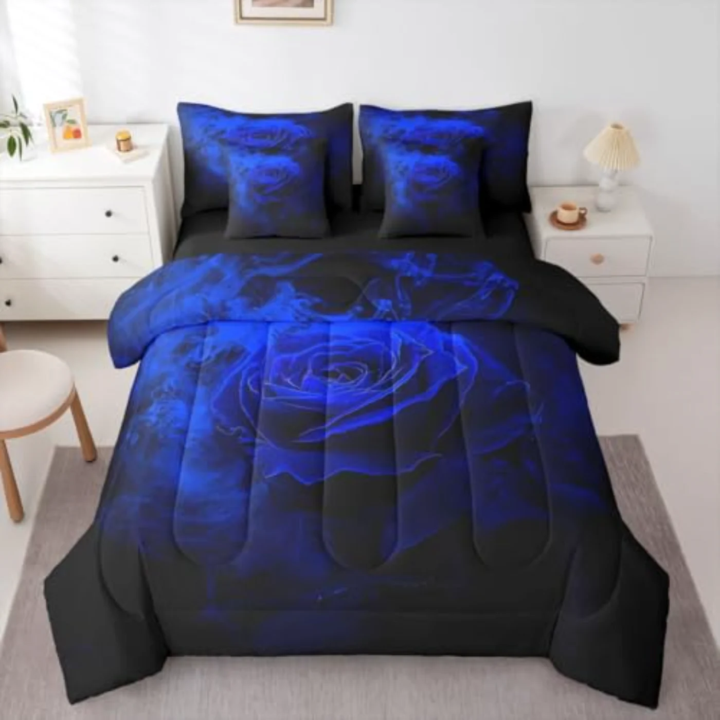 Rose Floral Ombre Black Blue Comforter Set, Full