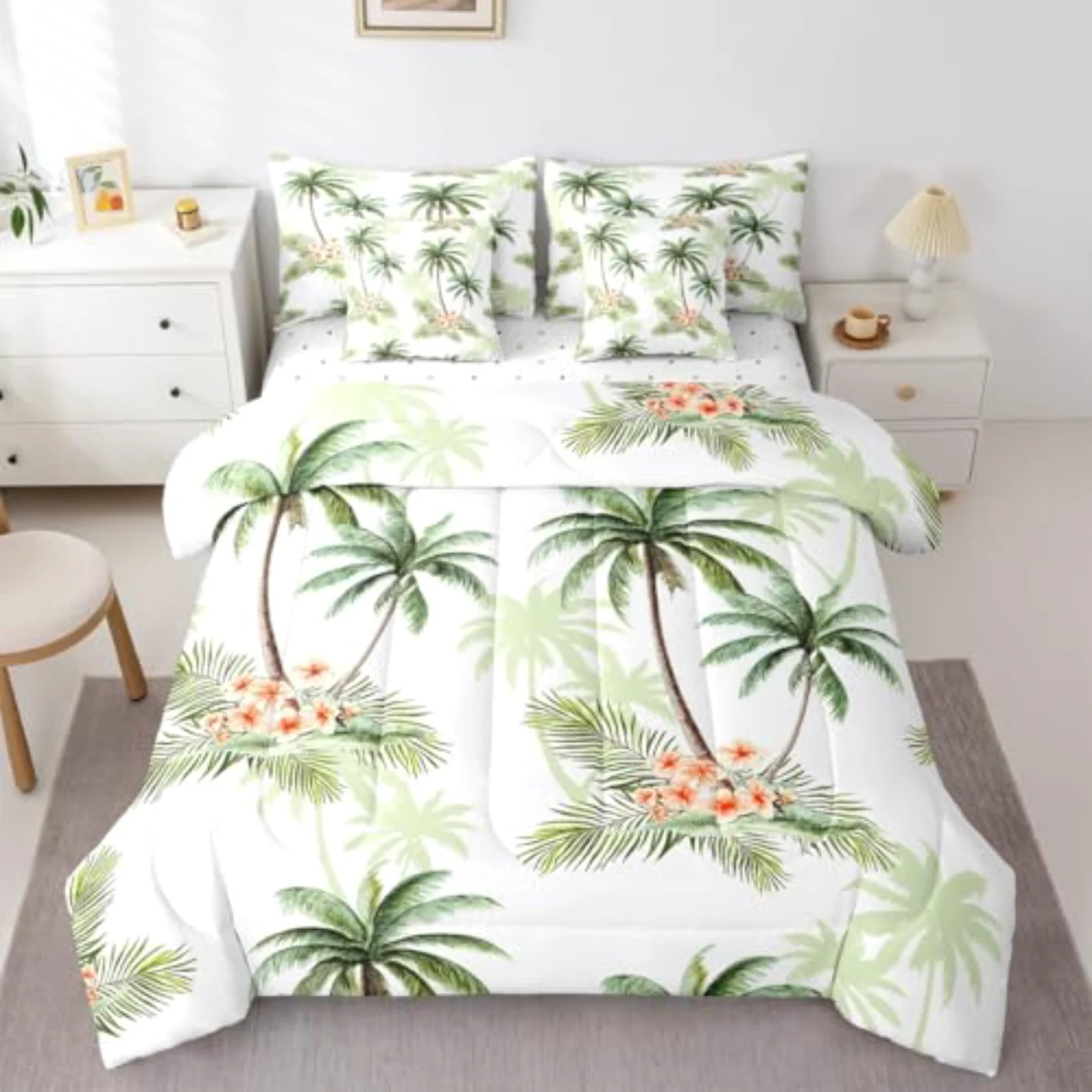 Palm Tree Vintage Red Flower Comforter Set, Queen