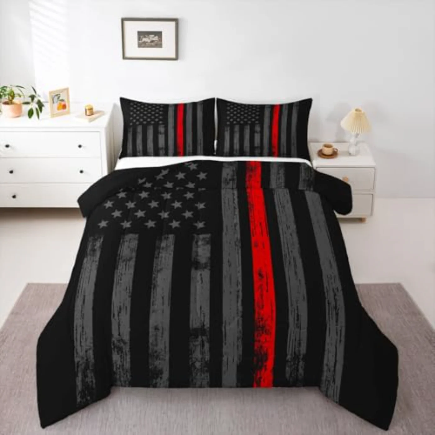 American Flag Black Grey Red Comforter Set, Full