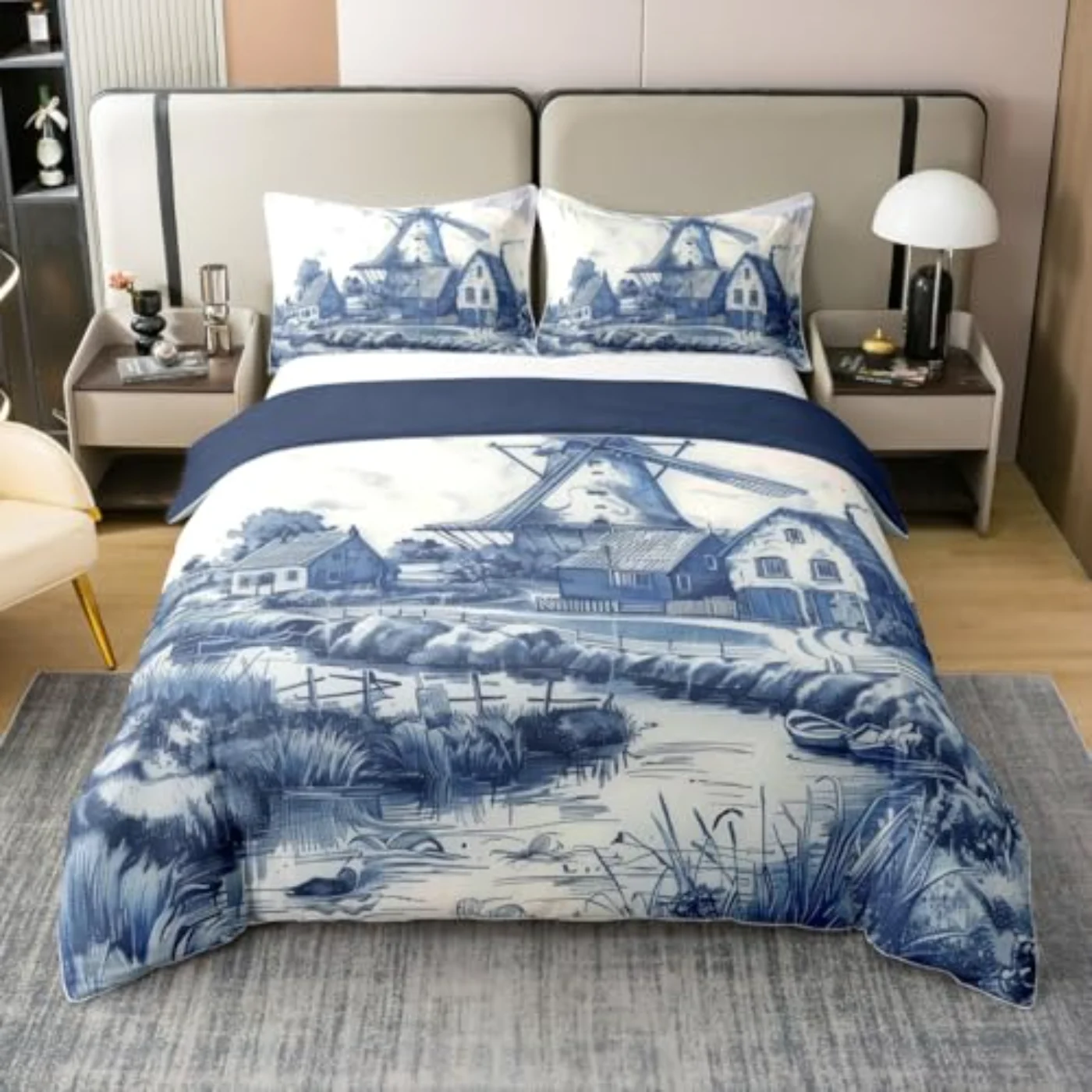Vintage Dutch Windmill Delft Blue Duvet Cover, King