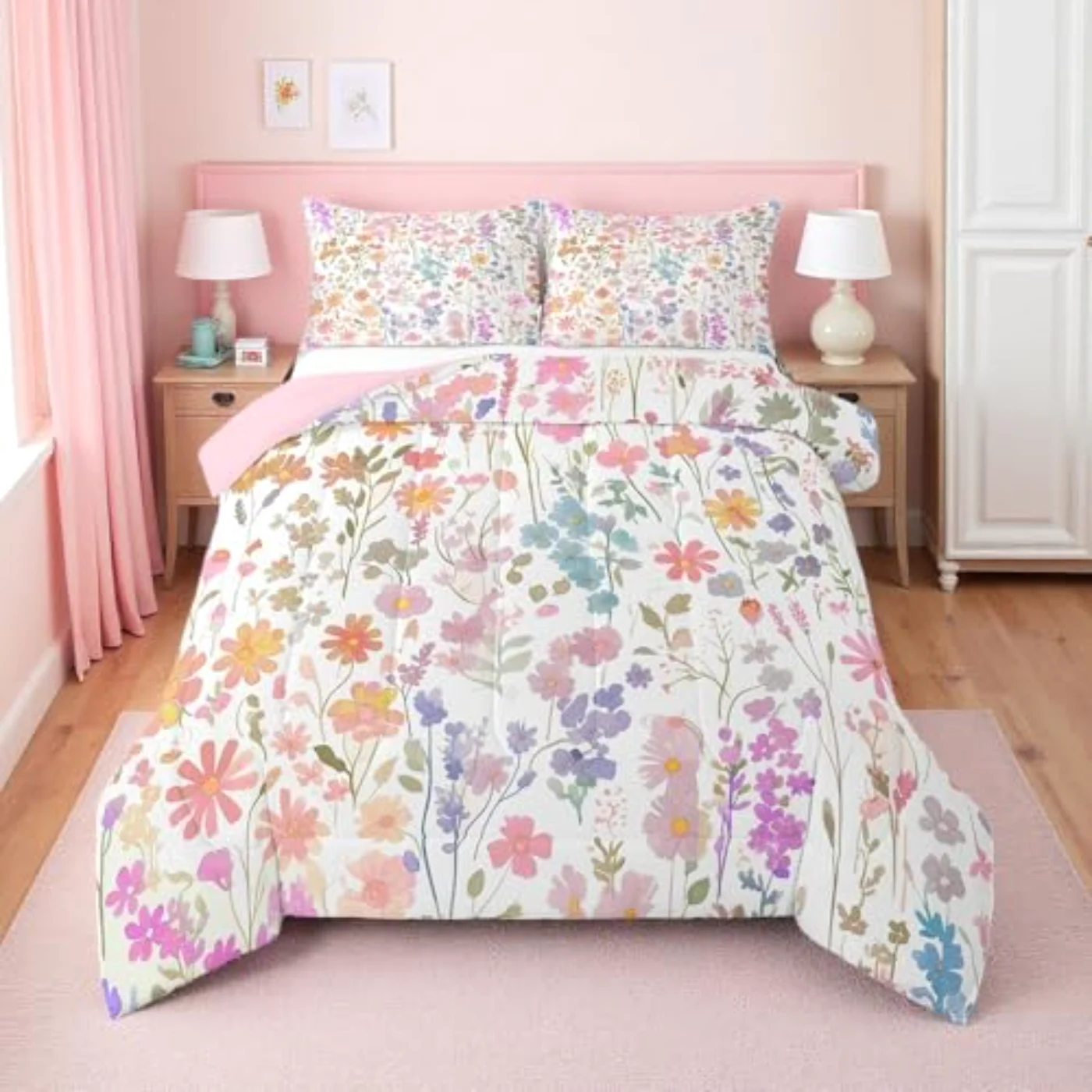 Cute Pink Floral Girls Kids Comforter Set, Twin