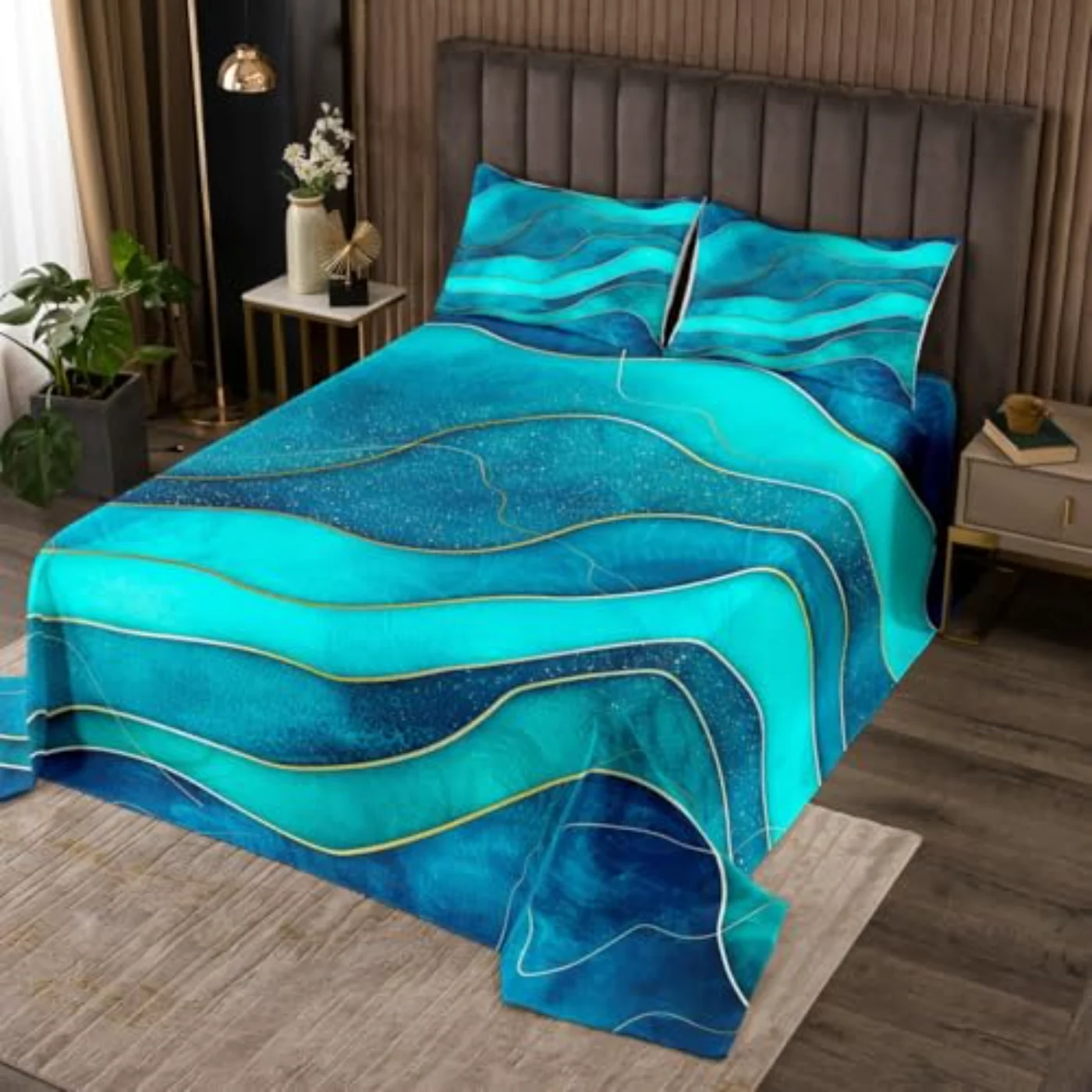 Sea Ocean Waves Coverlet Teal Quilt, Queen