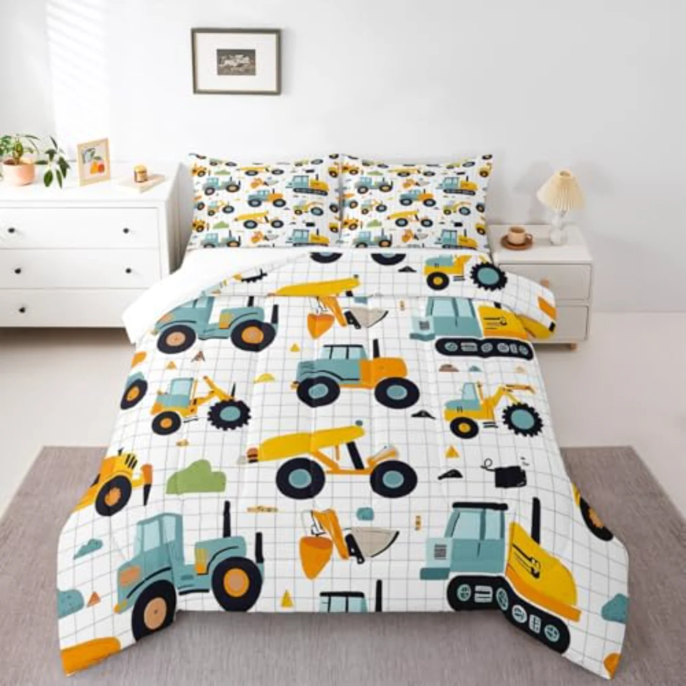 Cartoon Car Boys Construction Tractor Comforter Set, Twin