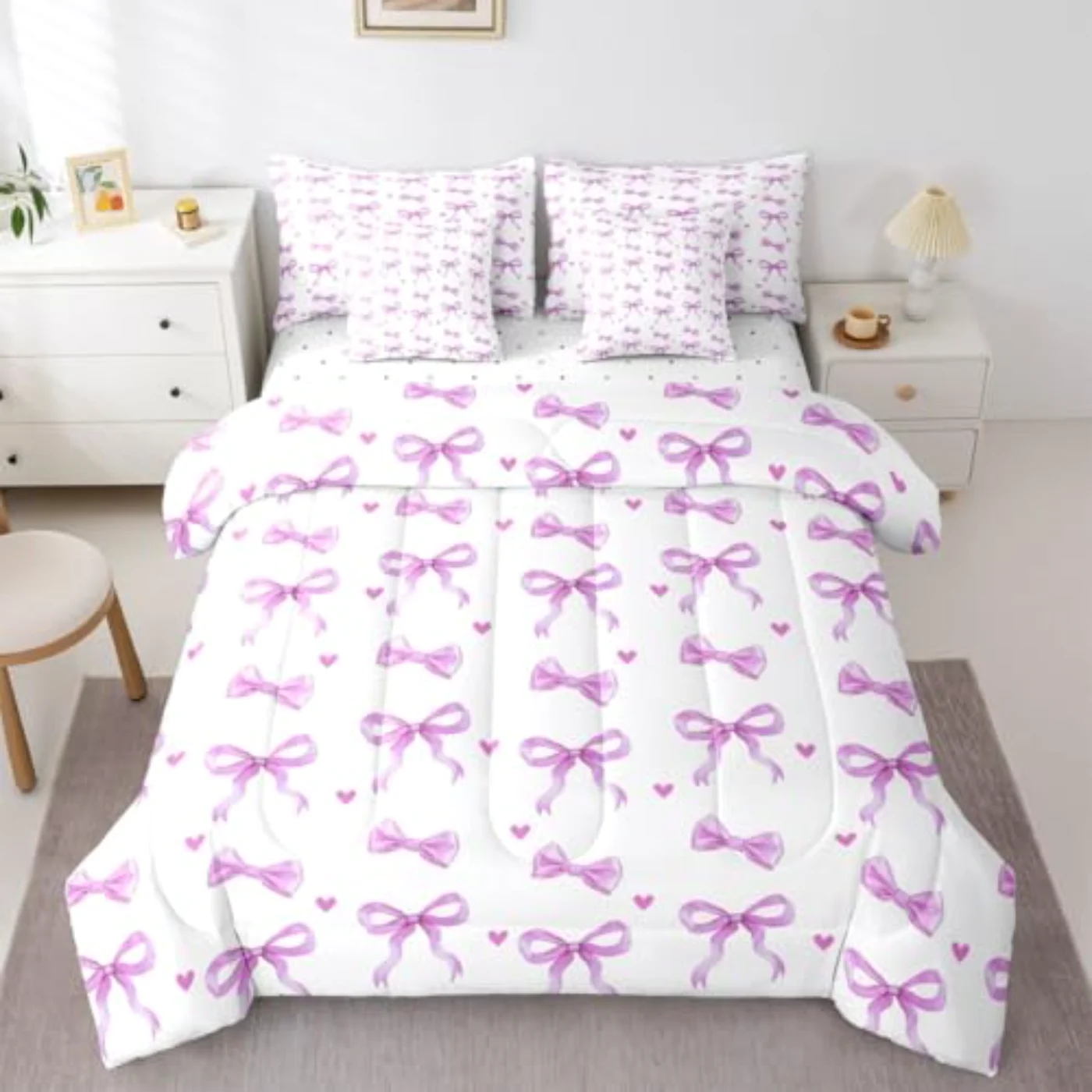 Bow Knot Kawaii Bow Sheets Comforter Set, Twin