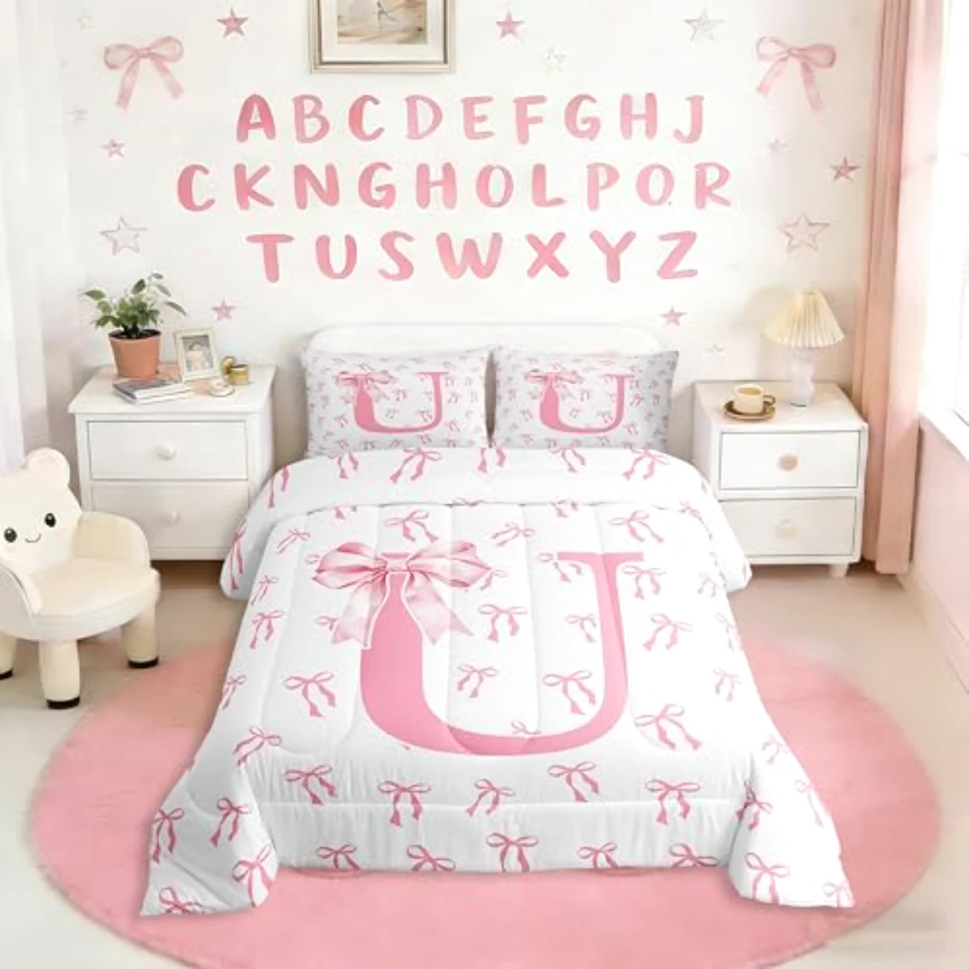 Cute Pink Bow Monogrammed Princess Comforter Set, Twin