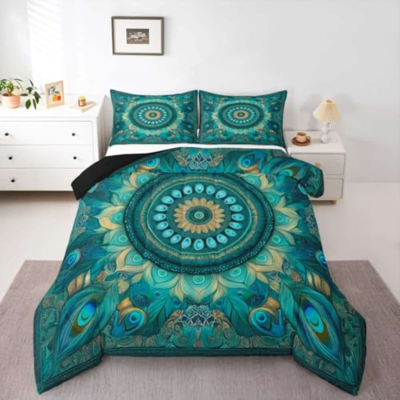 Teal Geometric Art Boho Peacock Quilt, Queen