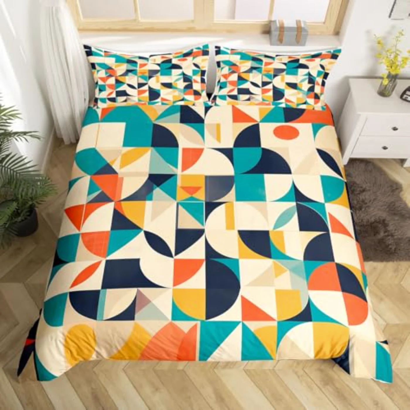 Teal Orange Beige Geometric Duvet Cover, Queen