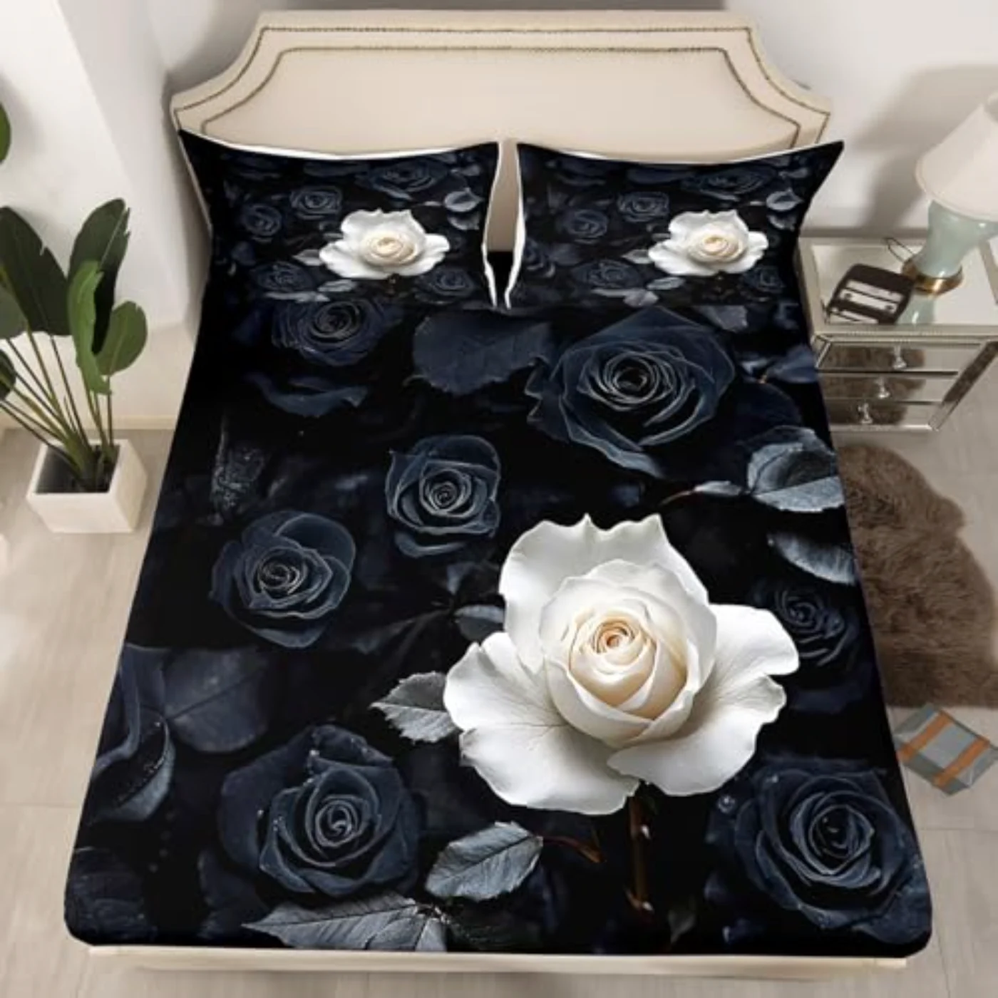 Black White Rose Fitted Romantic Sheet Set, Full