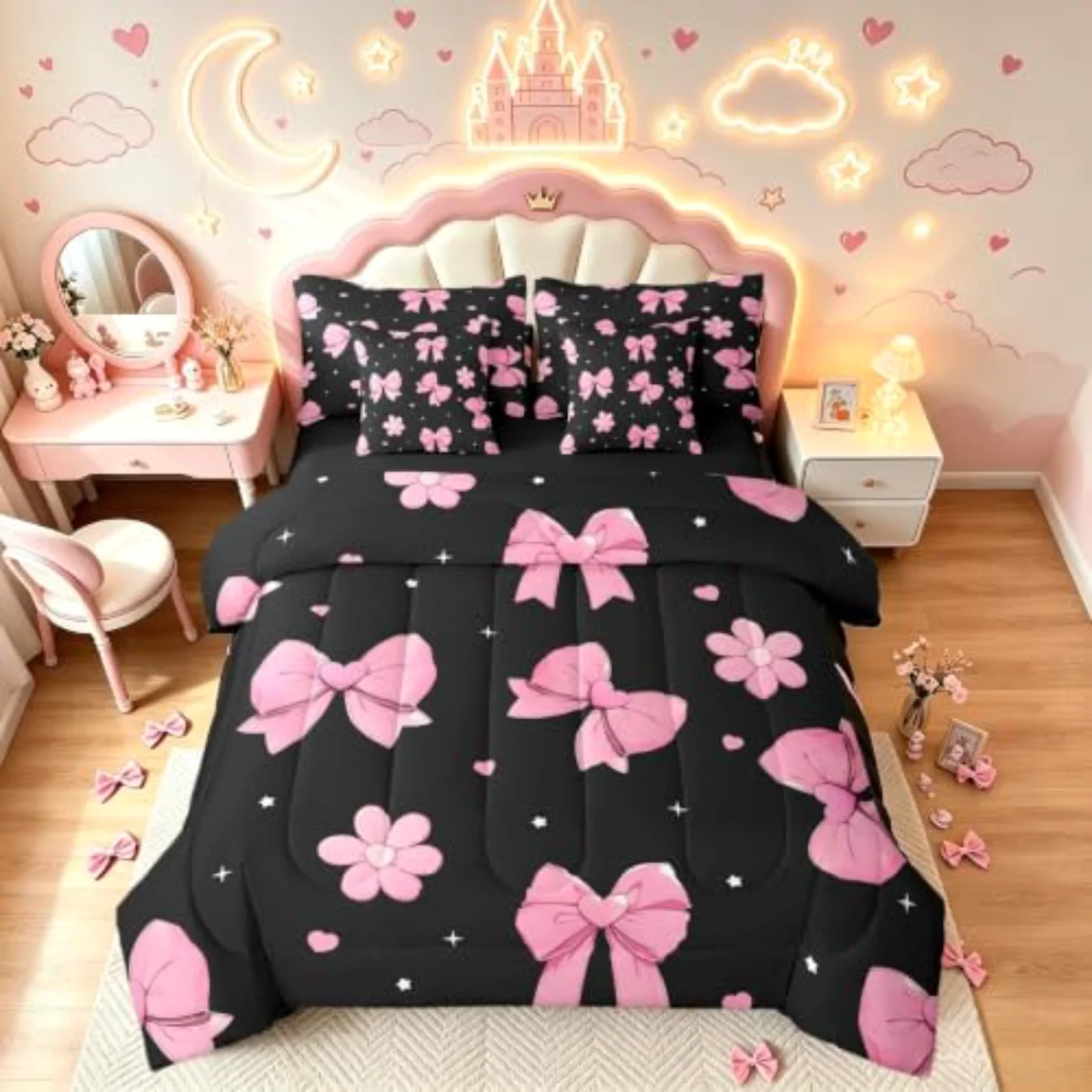 Bowknot Black Pink Girls Kids Comforter Set, Full