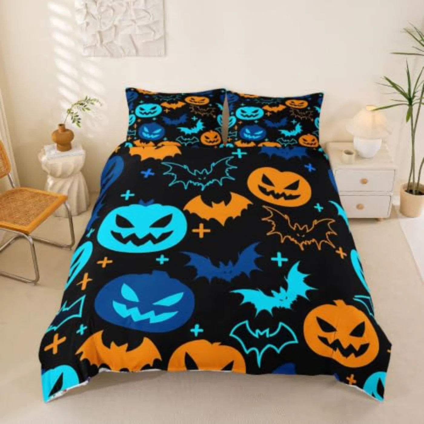 Pumpkin Lantern Horror Bat Ghost Duvet Cover, Queen
