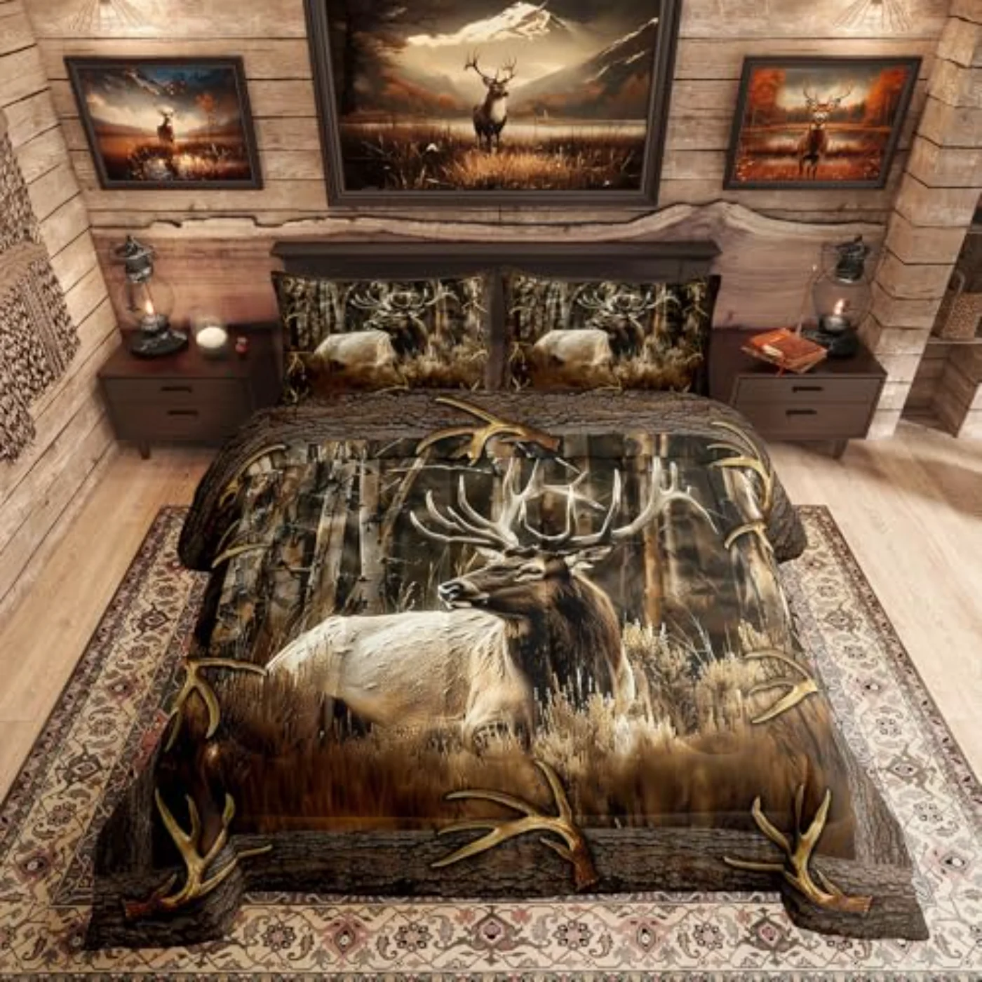 Rustic Deer Cabin Lodge Vintage Comforter Set, Queen