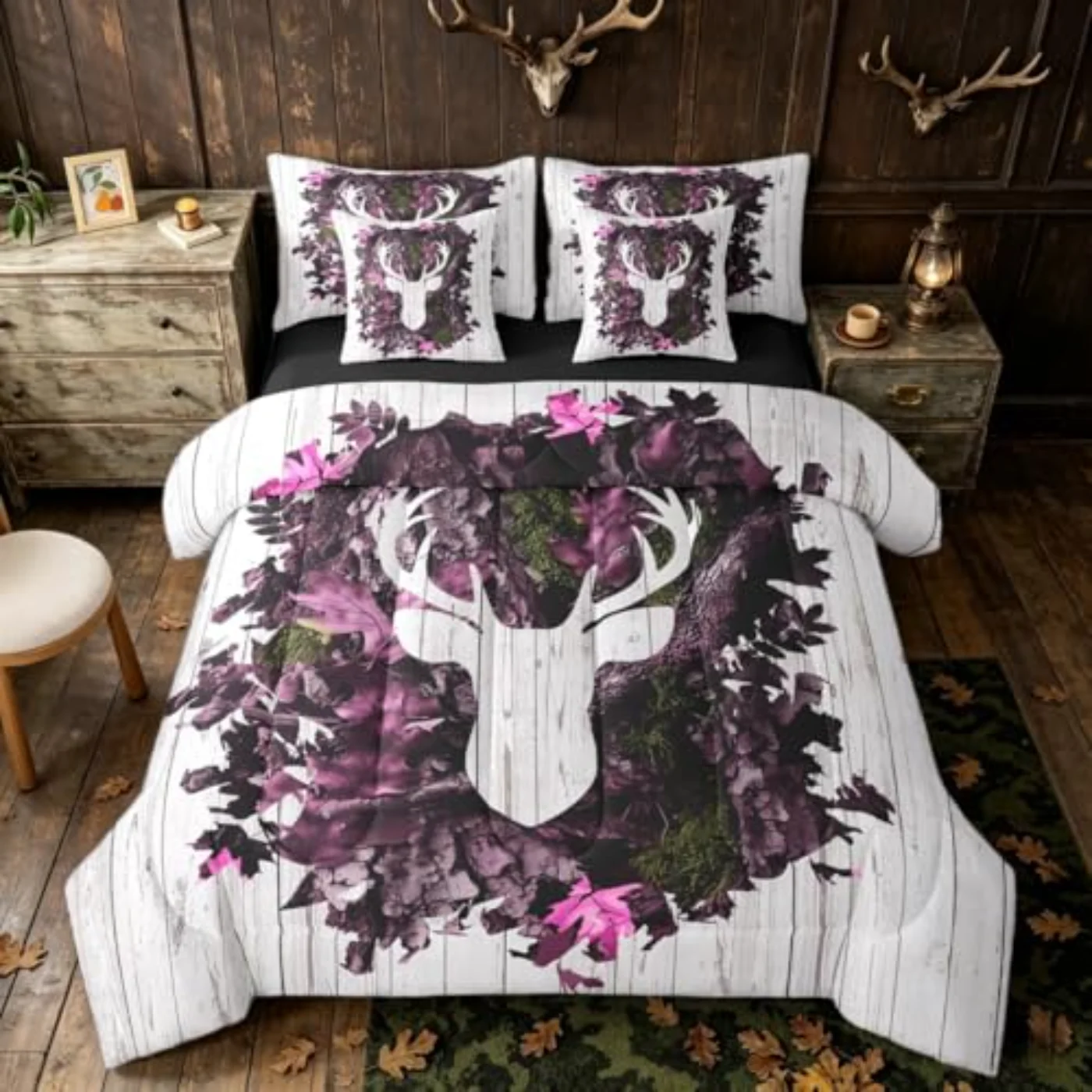 White Pink Camo Woodland Girls Comforter Set, Queen