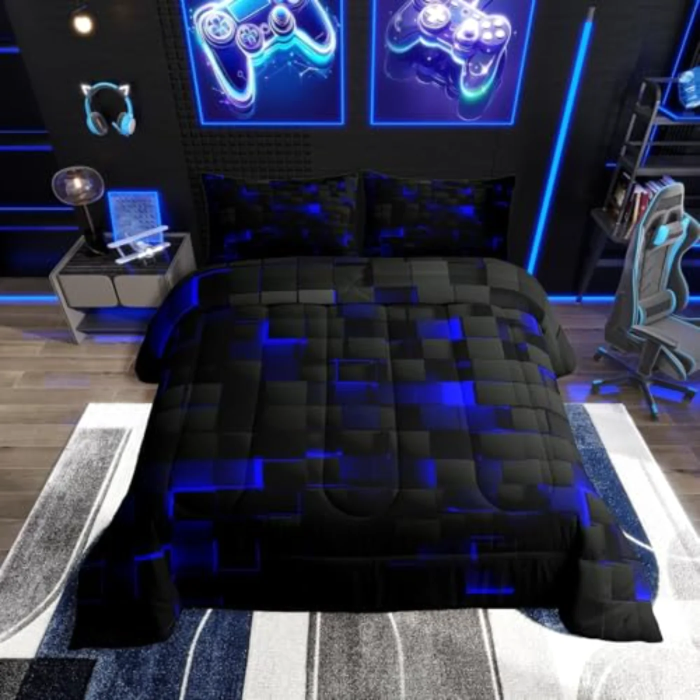 Black Navy Royal Blue Neon Comforter Set, Twin