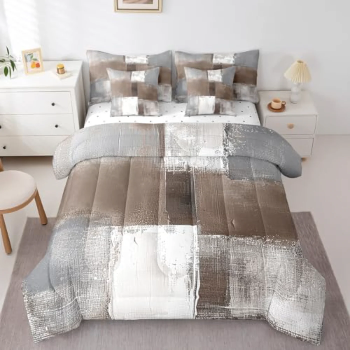 Brown White Grey In Bag Comforter Set, Queen