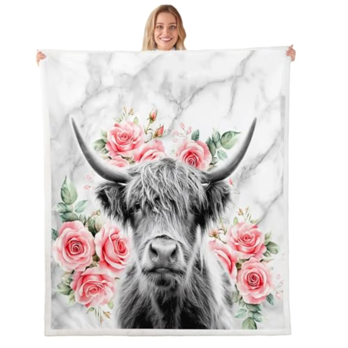 Highland Cow Flower Flannel Blanket Throw, Twin