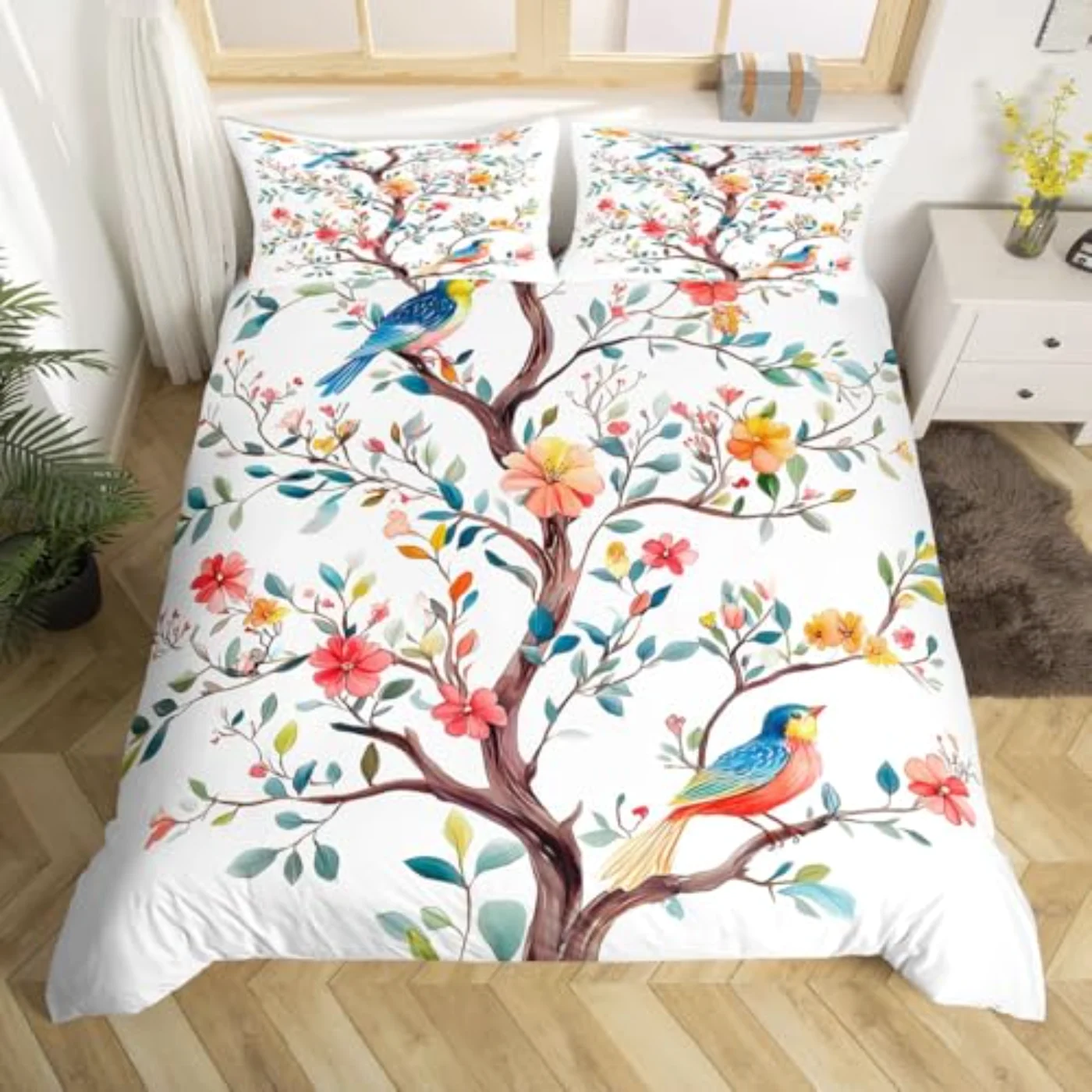 Branches Colorful Birds Blue Red Duvet Cover, Full