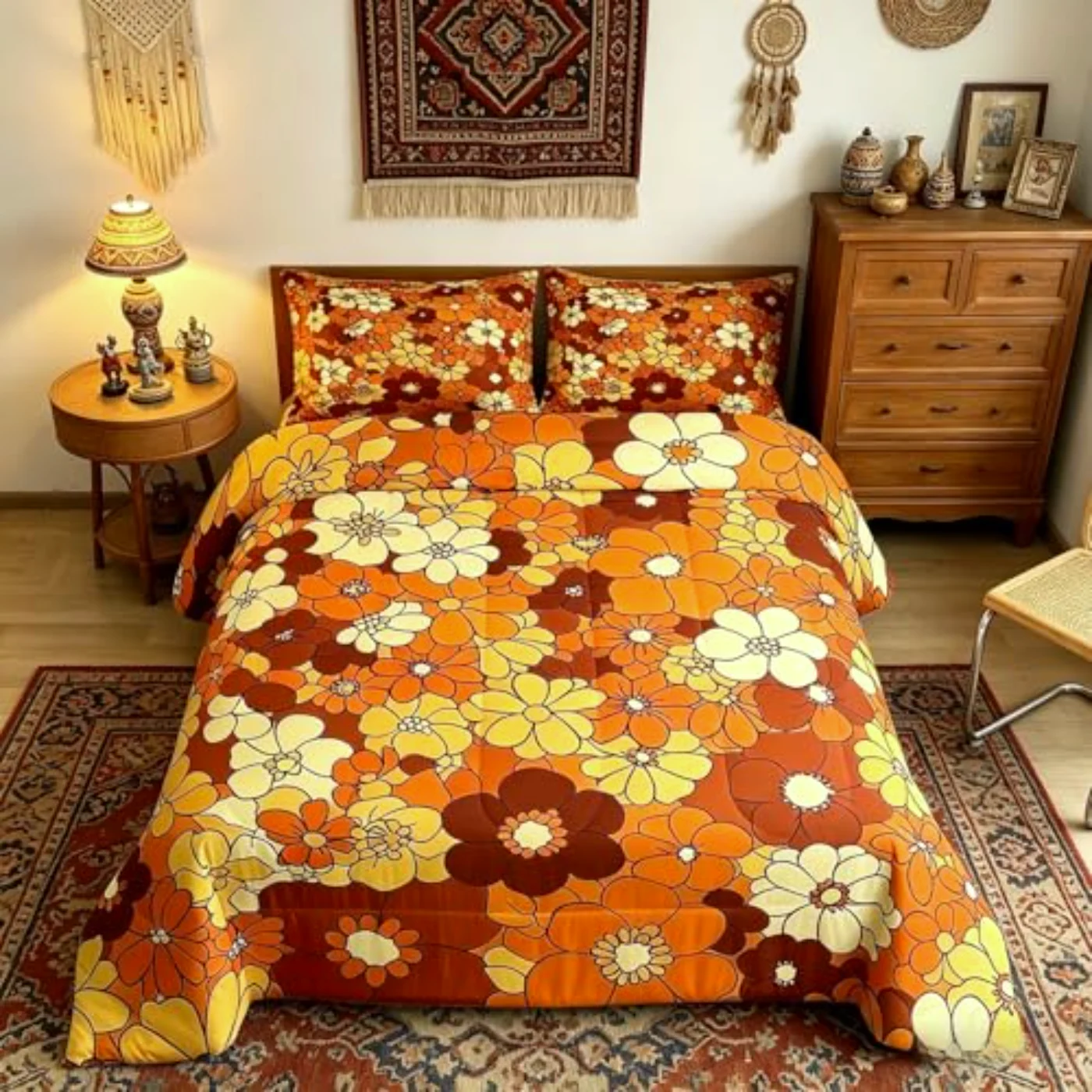 Boho Floral Retro Groovy Flowers Duvet Cover, Twin
