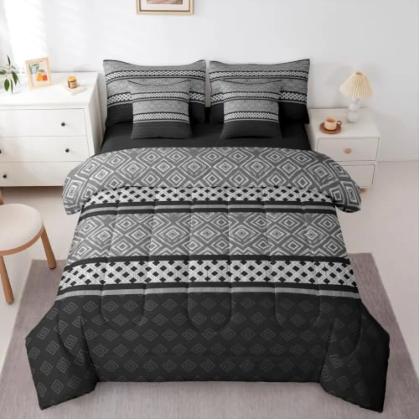Black White Striped Boho Geometric Comforter Set, Full