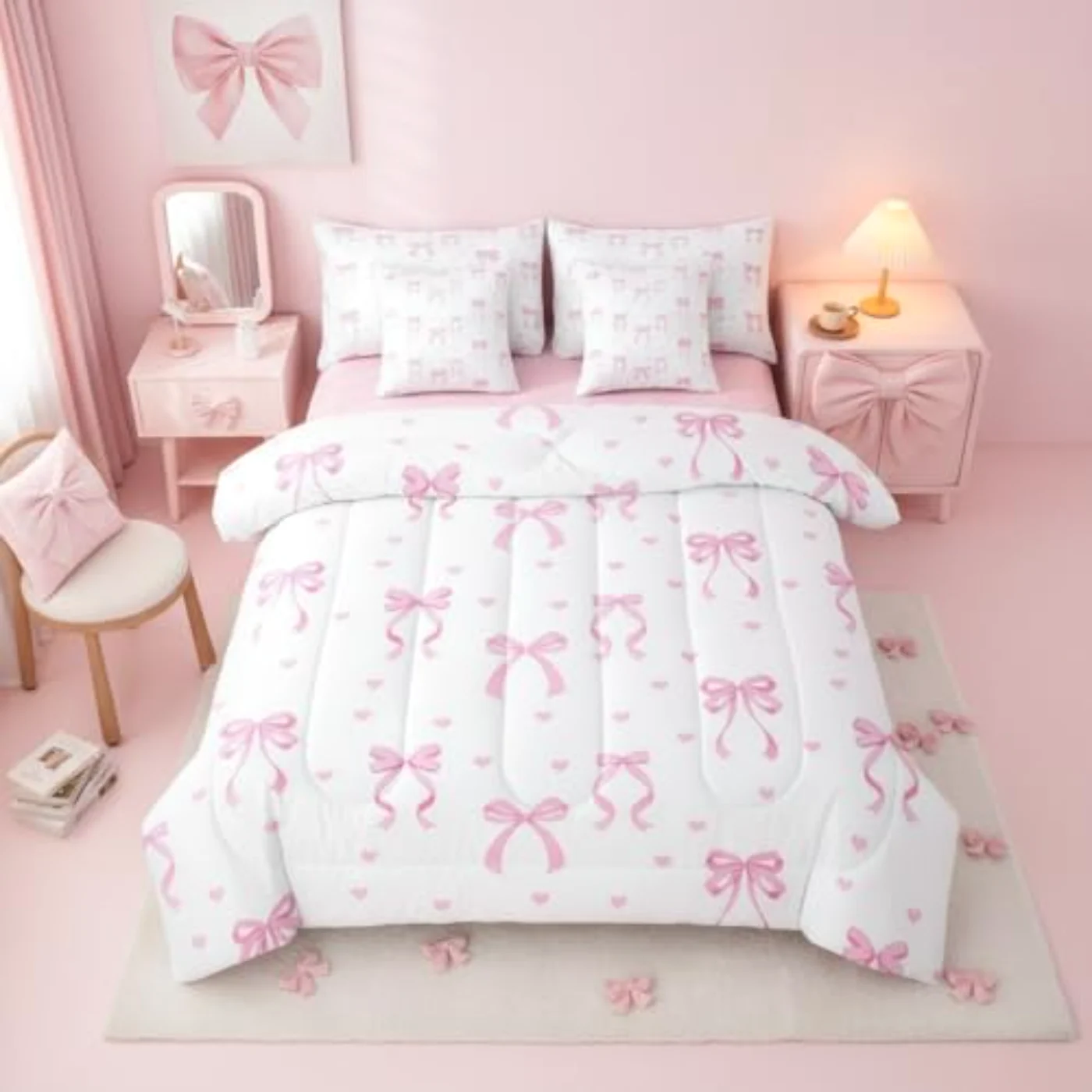 Cute Pink Bow Comforter Set, Twin