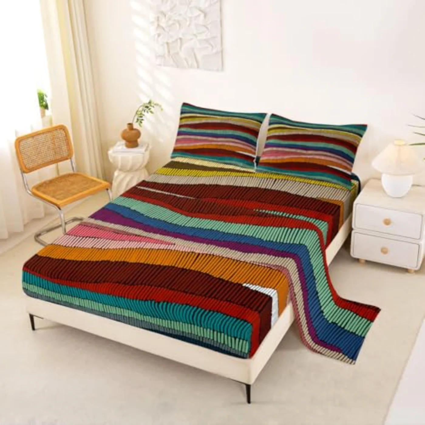 Boho Sheets Bohemian Wavy Rainbow Sheet Set, Queen