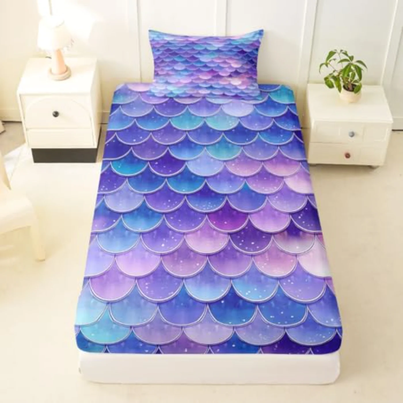 Mermaid Scale Fitted Kids Girly Sheet Set, Twin