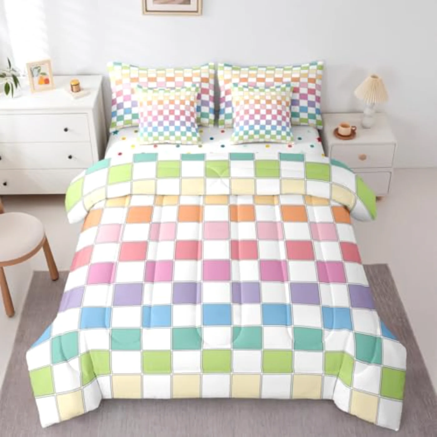 Colorful Checkered Sheets Rainbow Ombre Comforter Set, Full