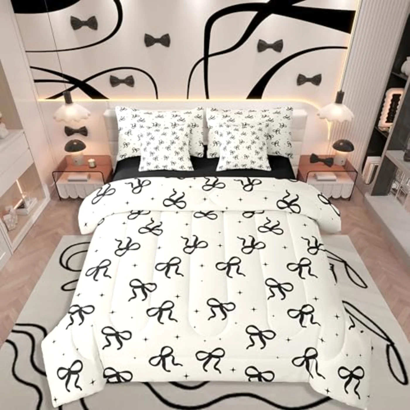 Black Beige Bow Sheets Teen Comforter Set, Twin