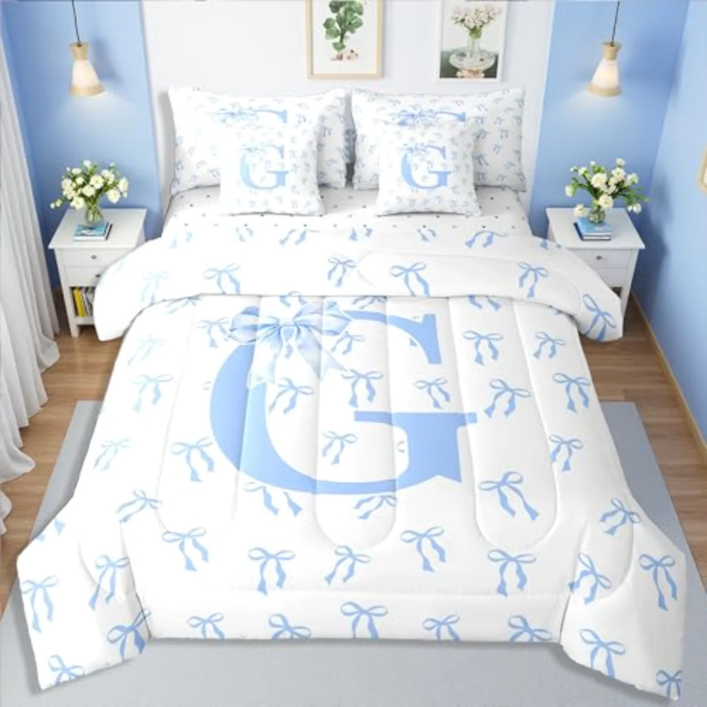 Blue Bow Sheets Romantic Bow Comforter Set, Twin