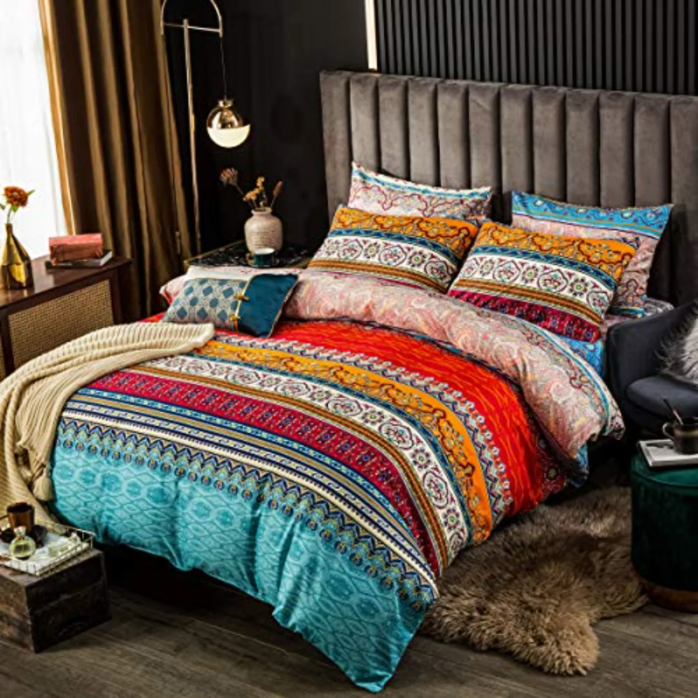 Bohemian Colorful Floral Boho Striped Duvet Cover, Full