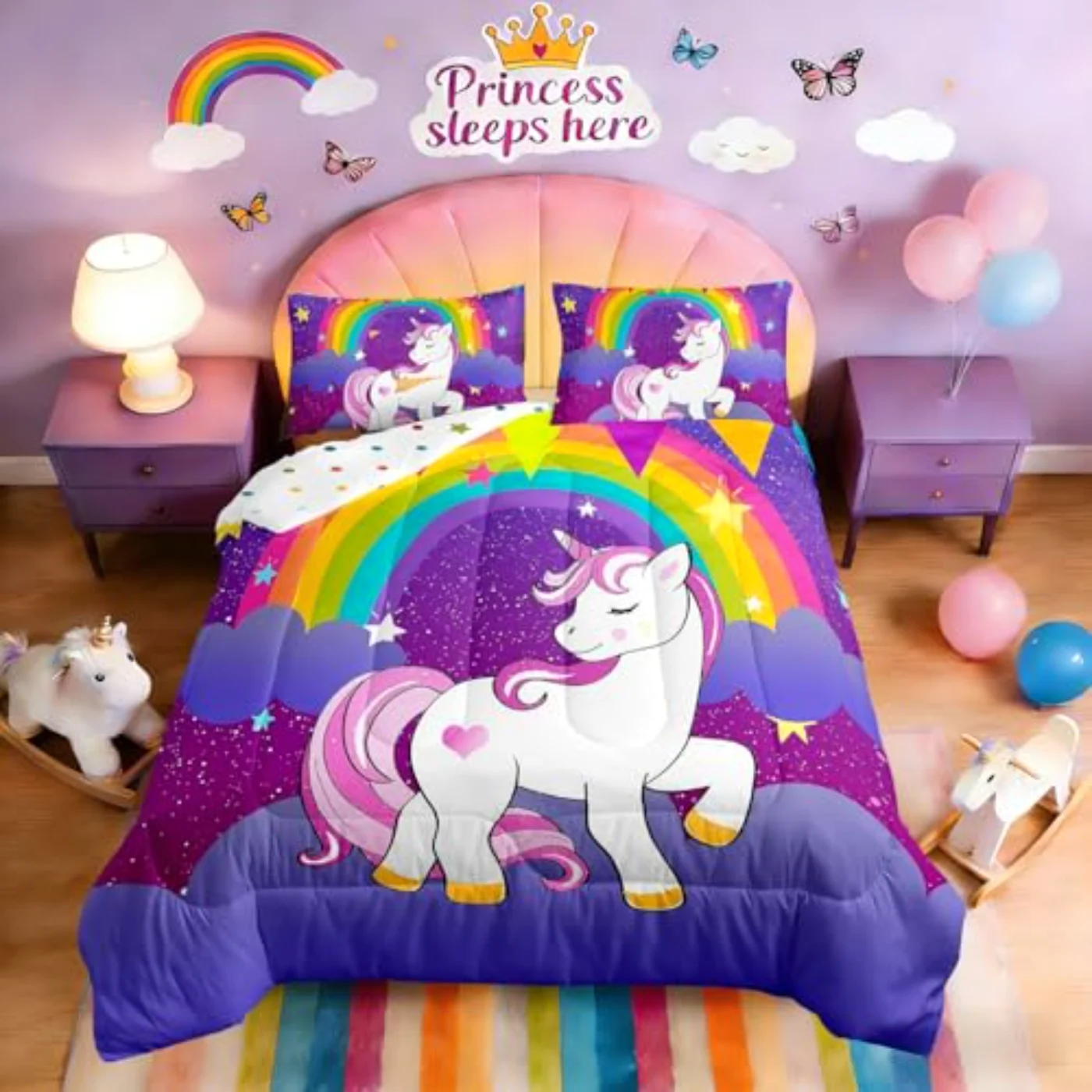 Girls Unicorn Girls Cute Rainbow Comforter Set, Twin