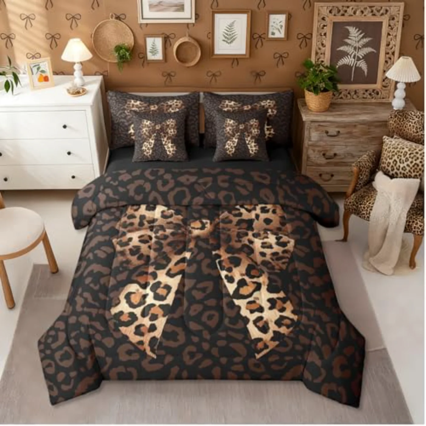 Leopard Print Bow Girls Women Comforter Set, Full