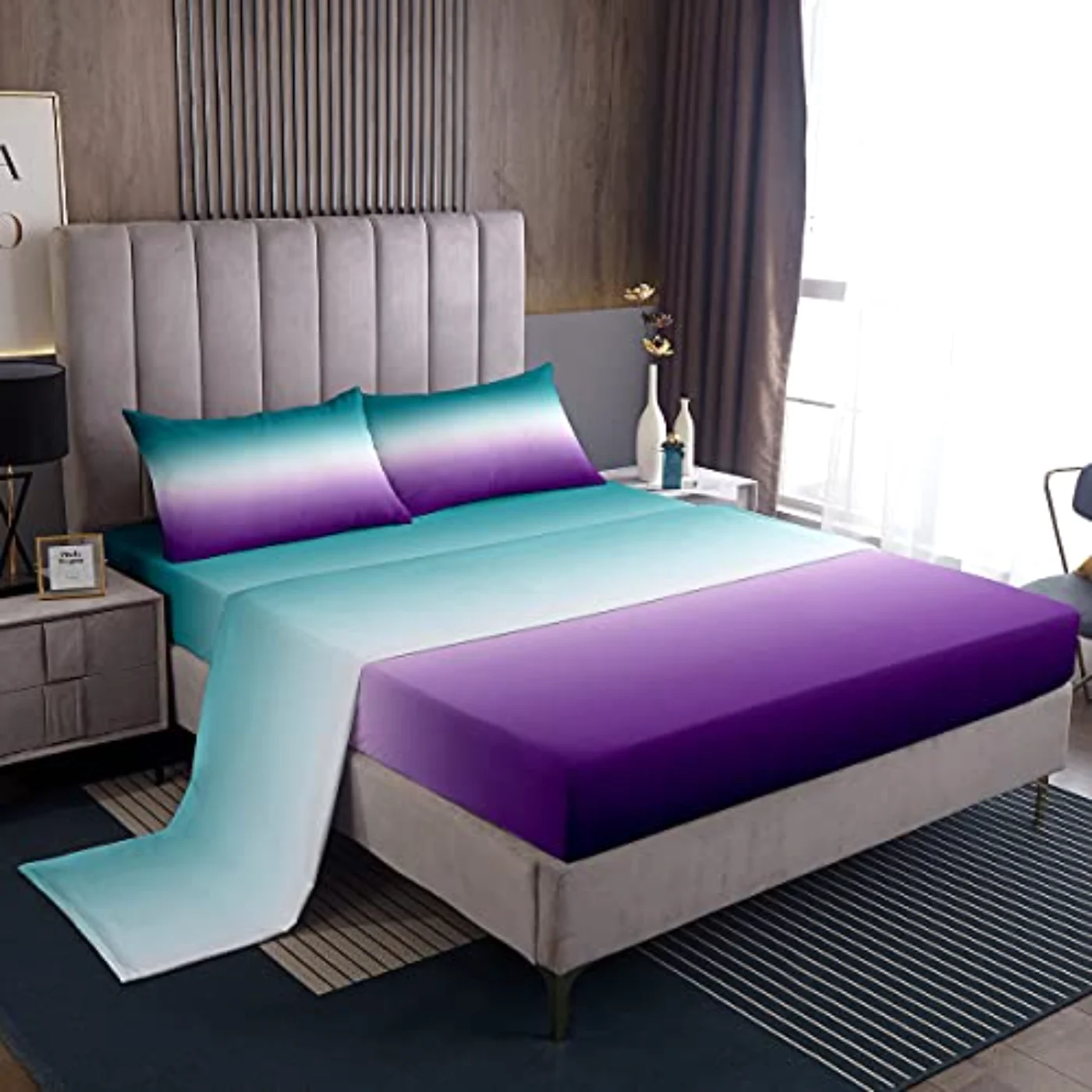 Ombre Green Purple Teal Fitted Sheet Set, Queen