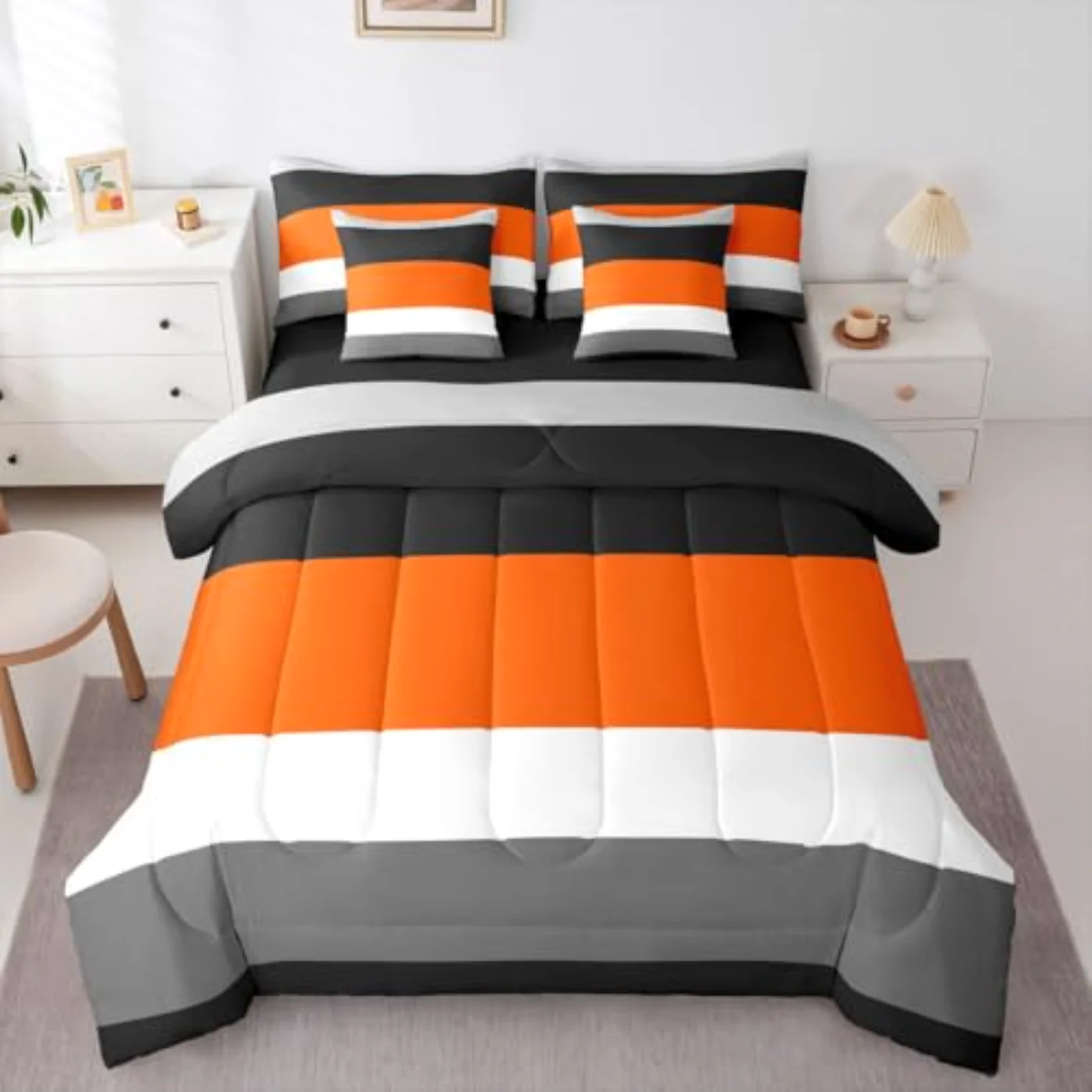 Orange Gray Black Patchwork Geometric Comforter Set, Full