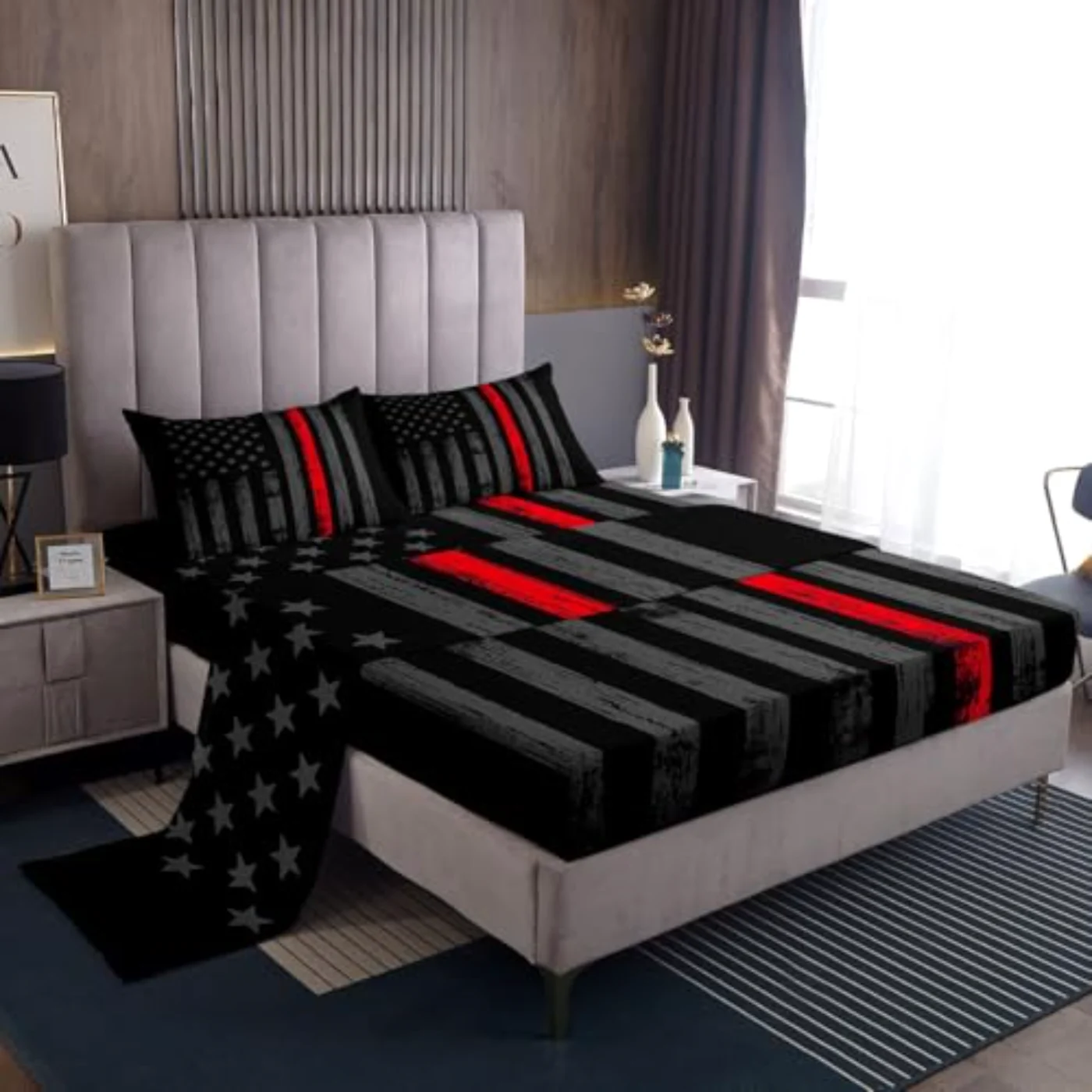 American Flag Sheets Black Grey Sheet Set, Twin