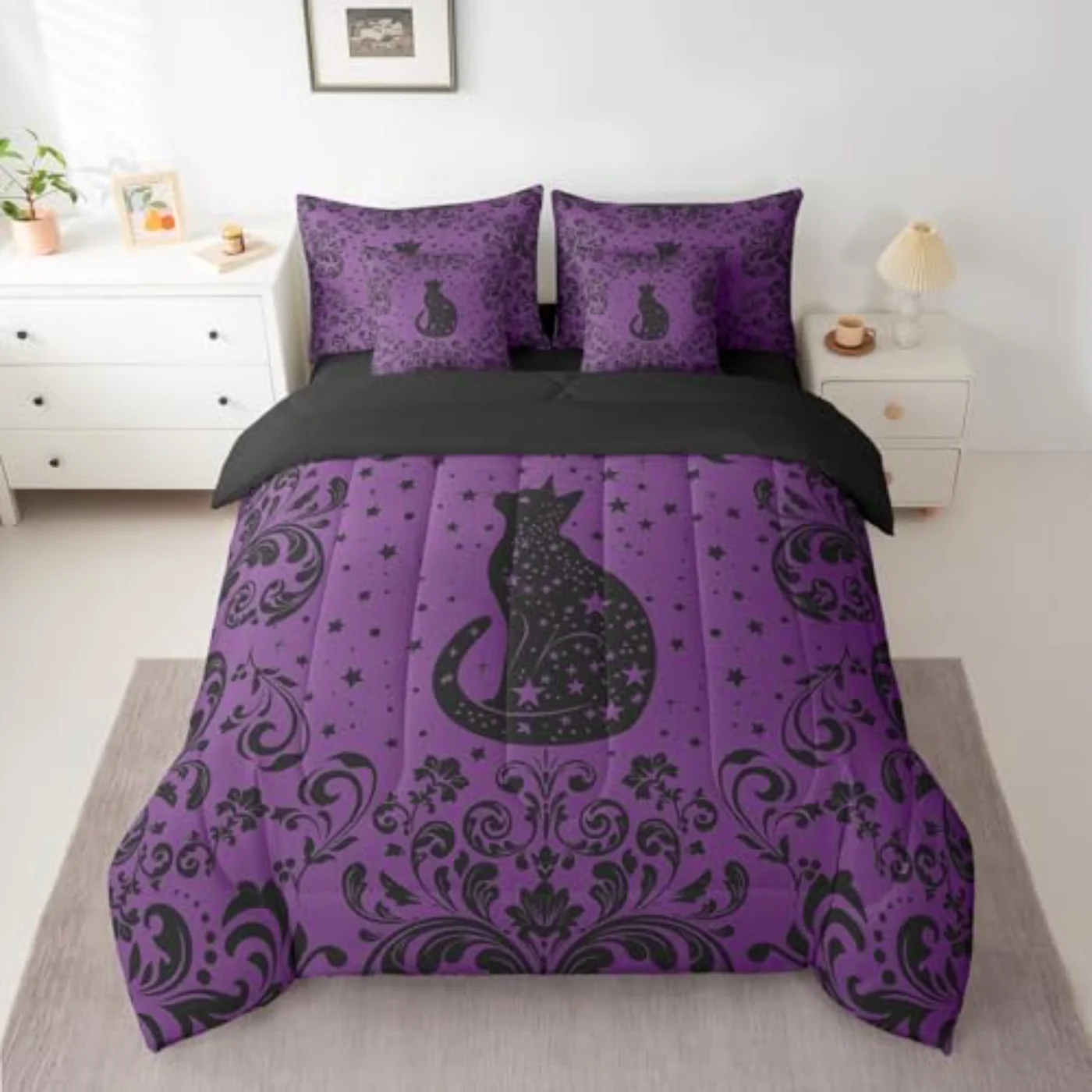 Boho Black Cat Purple Black Comforter Set, Full