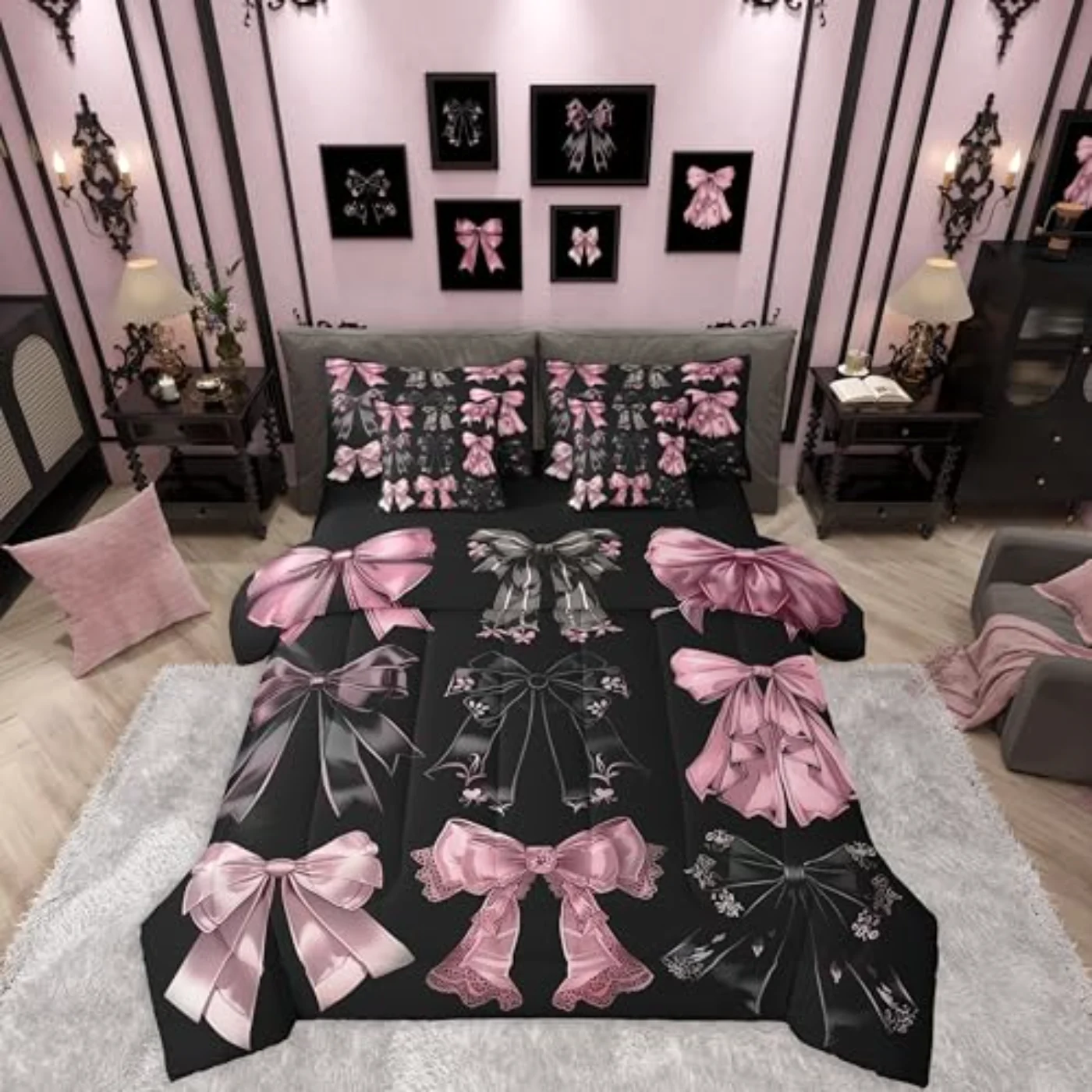 Black Pink Bow Sheets Coquette Comforter Set, Queen