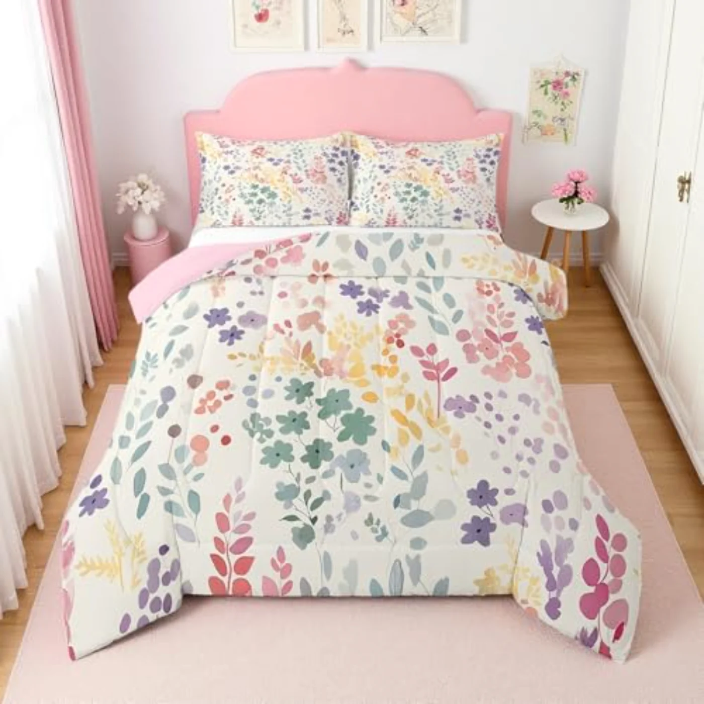 Colorful Floral Kids Girls Women Comforter Set, Twin