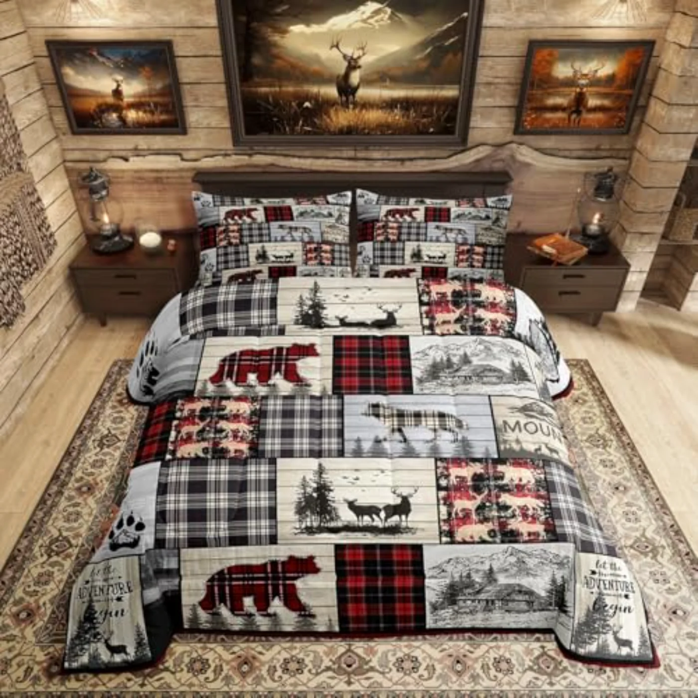 Rustic Cabin Woodland Wolf Deer Comforter Set, Queen
