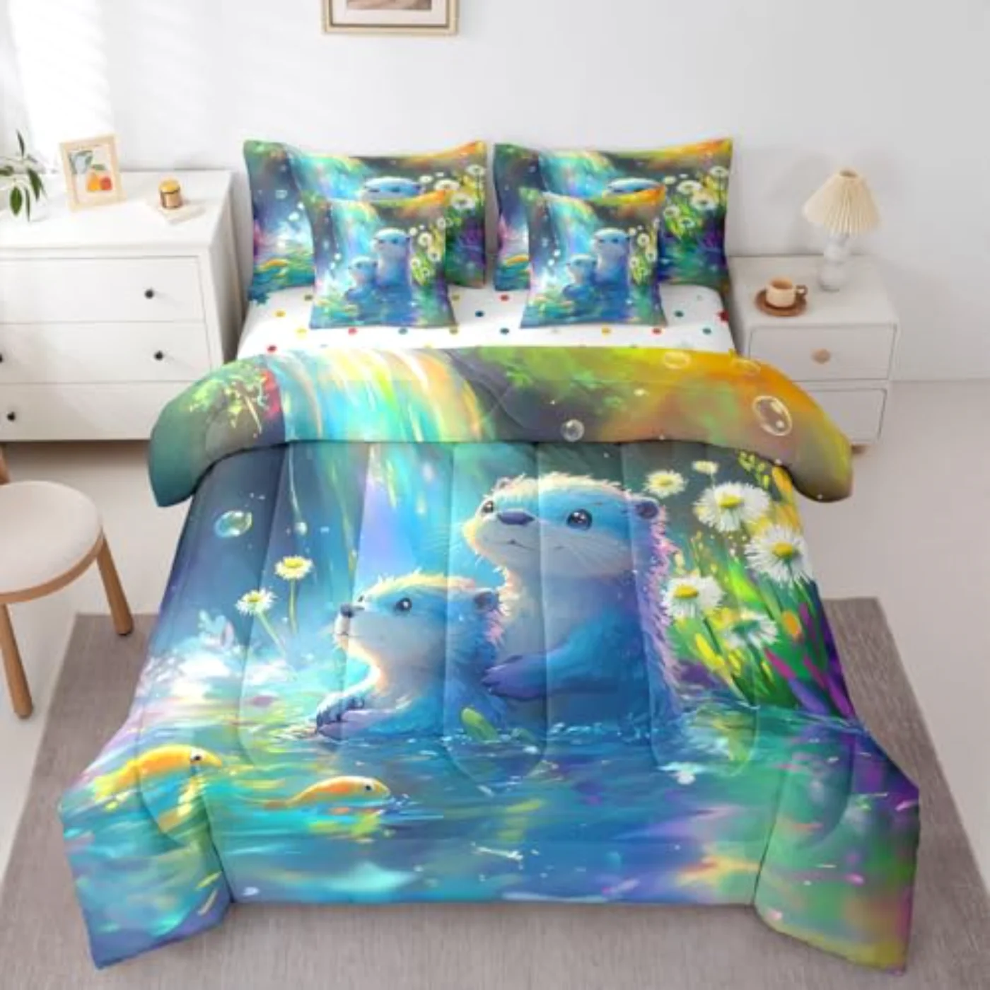 Cute Otter Rainbow Watercolor Otters Comforter Set, Full