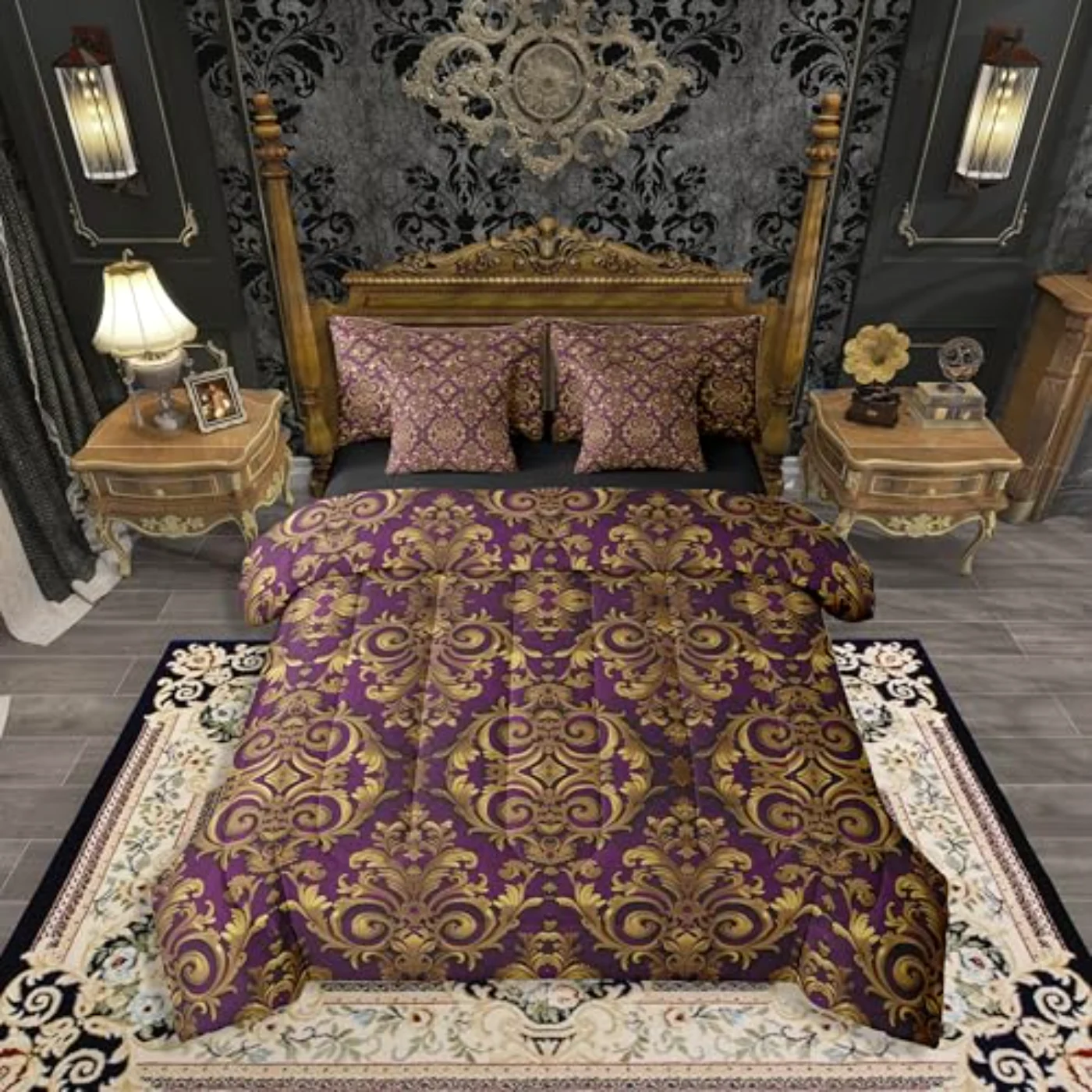 Purple Gold Damask Retro Gothic Comforter Set, King