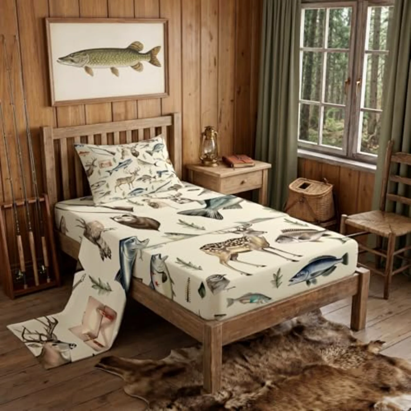 Hunting Fishing Sheet Set, Twin, White & (TQ4W)
