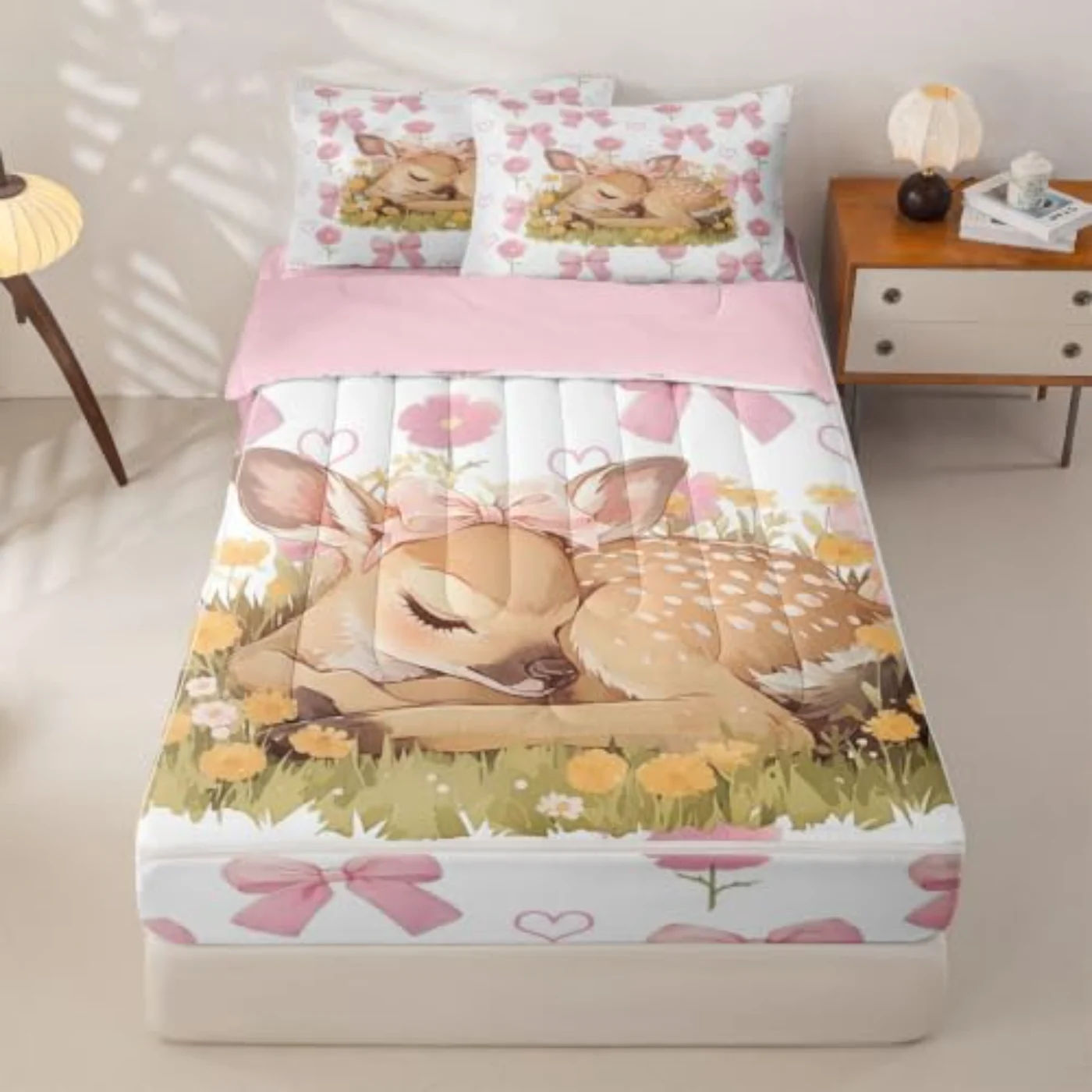Pink Bow Zipper Cute Deer Comforter Set, Twin